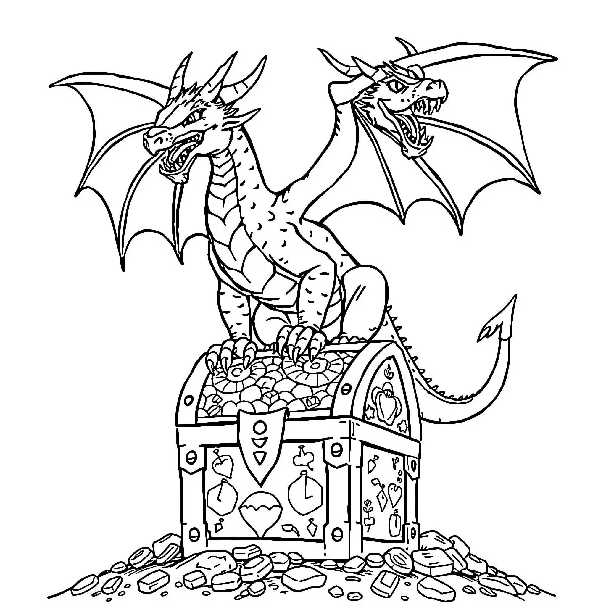 Dragon guarding a treasure chest filled with riches Coloring Page (free black-and-white line drawing printable PDF for all, from beginners to advanced learners, including children, teens, adults, and seniors)