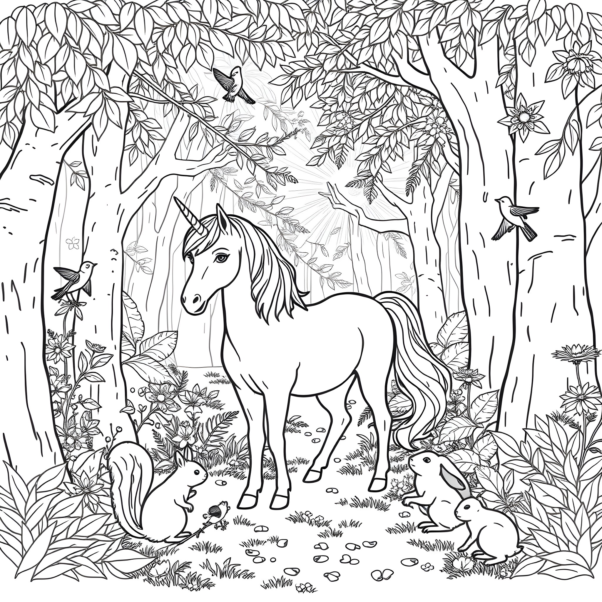 Unicorn grazing in the enchanted forest Coloring Page (free black-and-white line drawing printable PDF for all, from beginners to advanced learners, including children, teens, adults, and seniors)