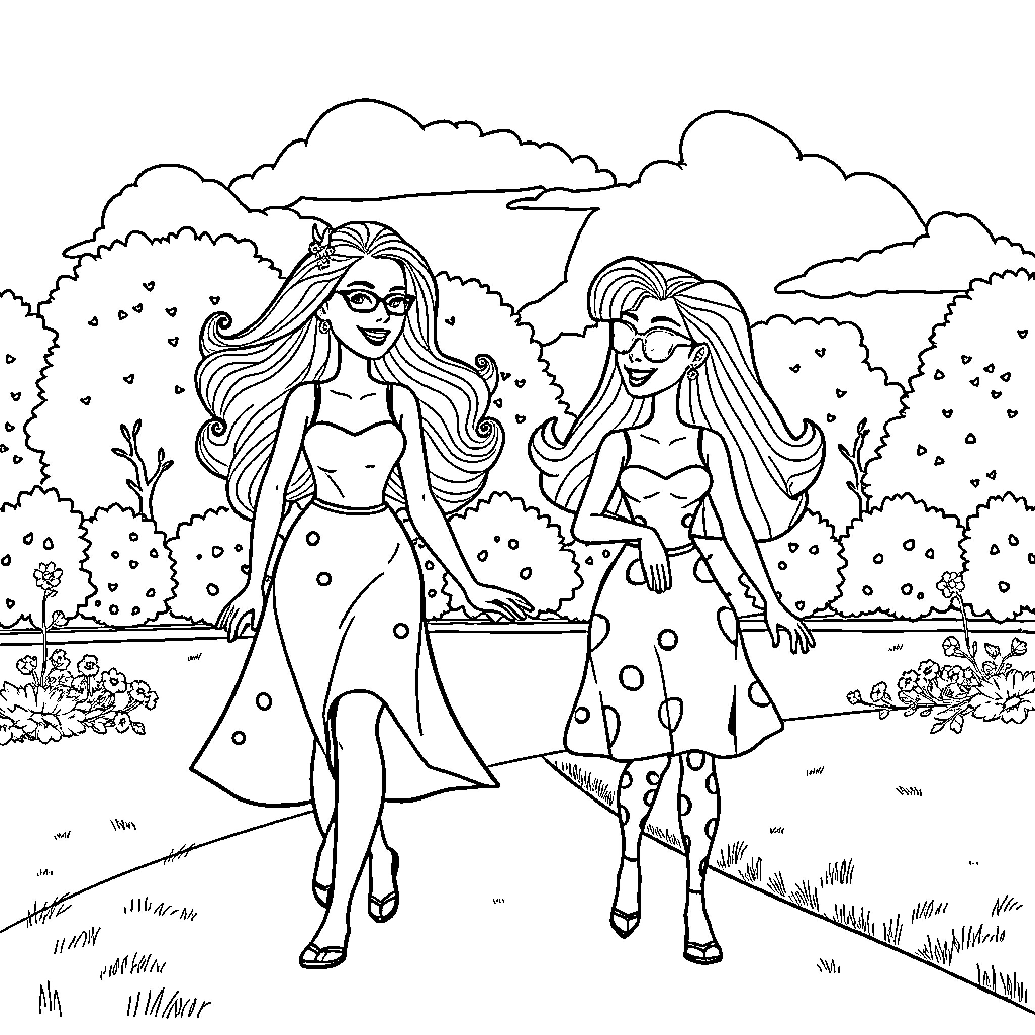 Barbie friends exploring the outdoors together Coloring Page (free black-and-white line drawing printable PDF for all, from beginners to advanced learners, including children, teens, adults, and seniors)