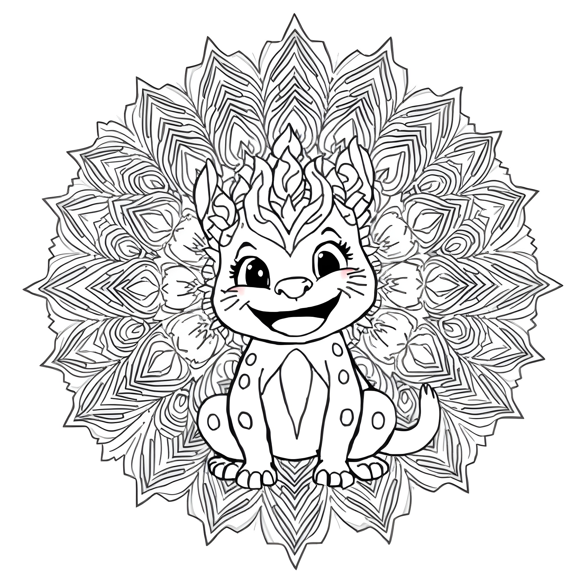 Lava Creature Surrounded by Intricate Patterns Coloring Page (free black-and-white line drawing printable PDF for all, from beginners to advanced learners, including children, teens, adults, and seniors)