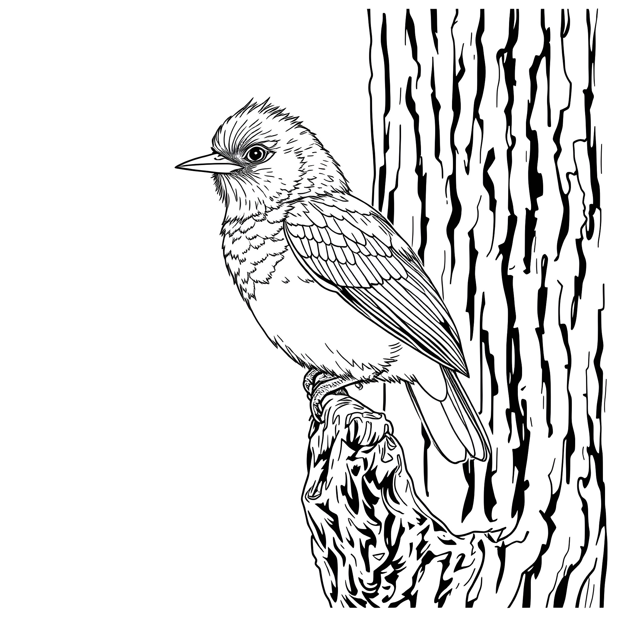 Dacnis bird perched on tree trunk Coloring Page (free black-and-white line drawing printable PDF for all, from beginners to advanced learners, including children, teens, adults, and seniors)