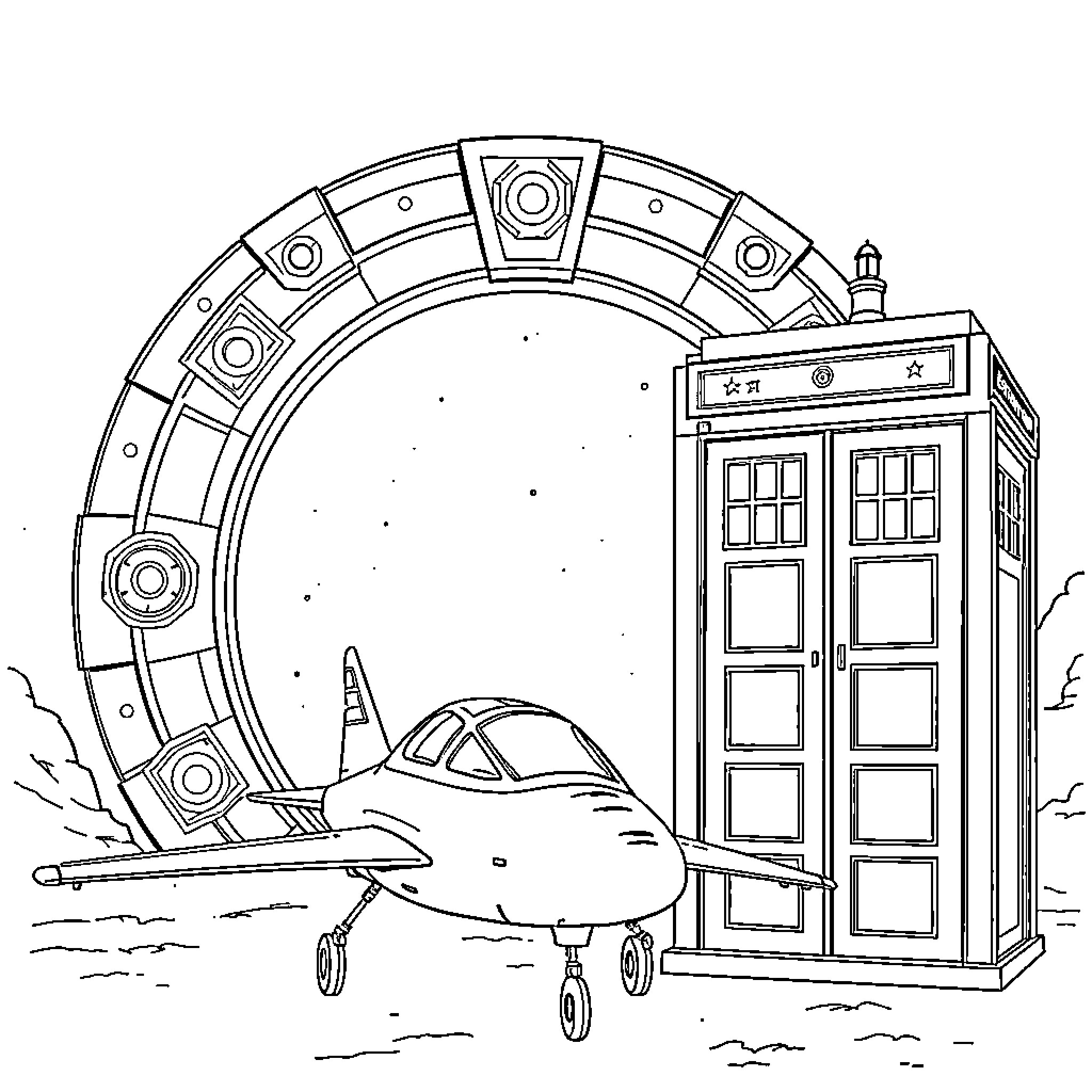 Stargate with Spaceship and Telephone Booth Coloring Page (free black-and-white line drawing printable PDF for all, from beginners to advanced learners, including children, teens, adults, and seniors)