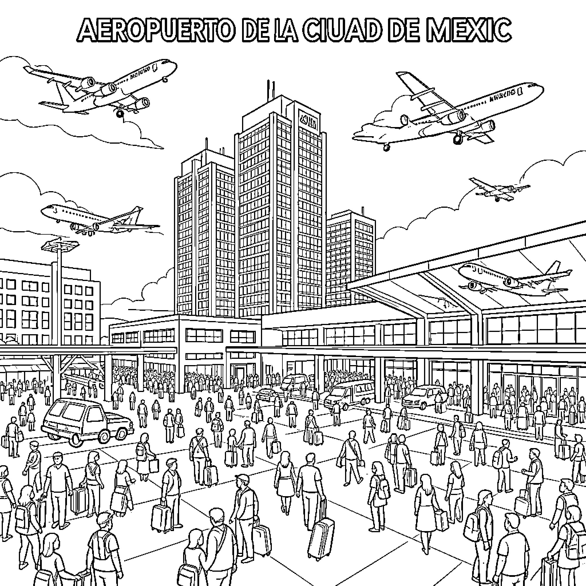 Airport scene with busy terminal and airplanes Coloring Page (free black-and-white line drawing printable PDF for all, from beginners to advanced learners, including children, teens, adults, and seniors)