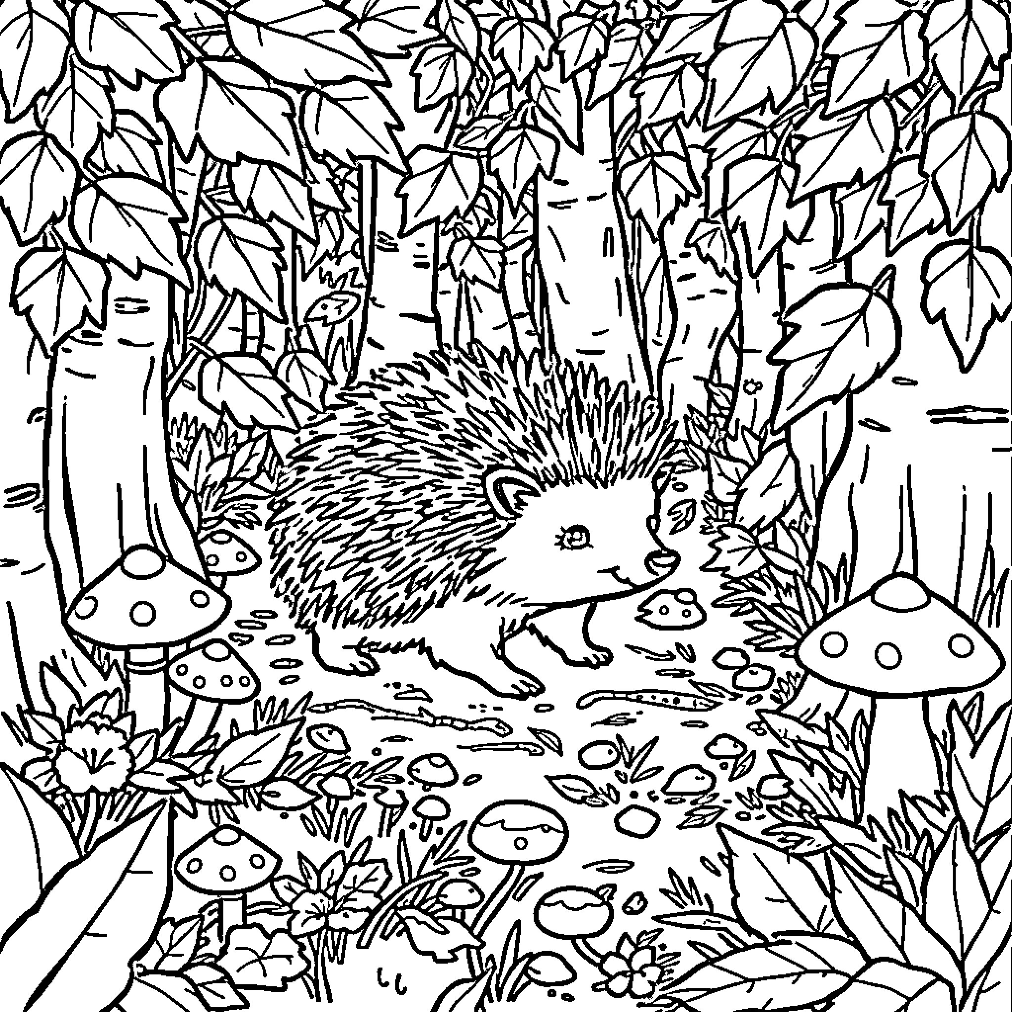 Hedgehog exploring the enchanted forest Coloring Page (free black-and-white line drawing printable PDF for all, from beginners to advanced learners, including children, teens, adults, and seniors)