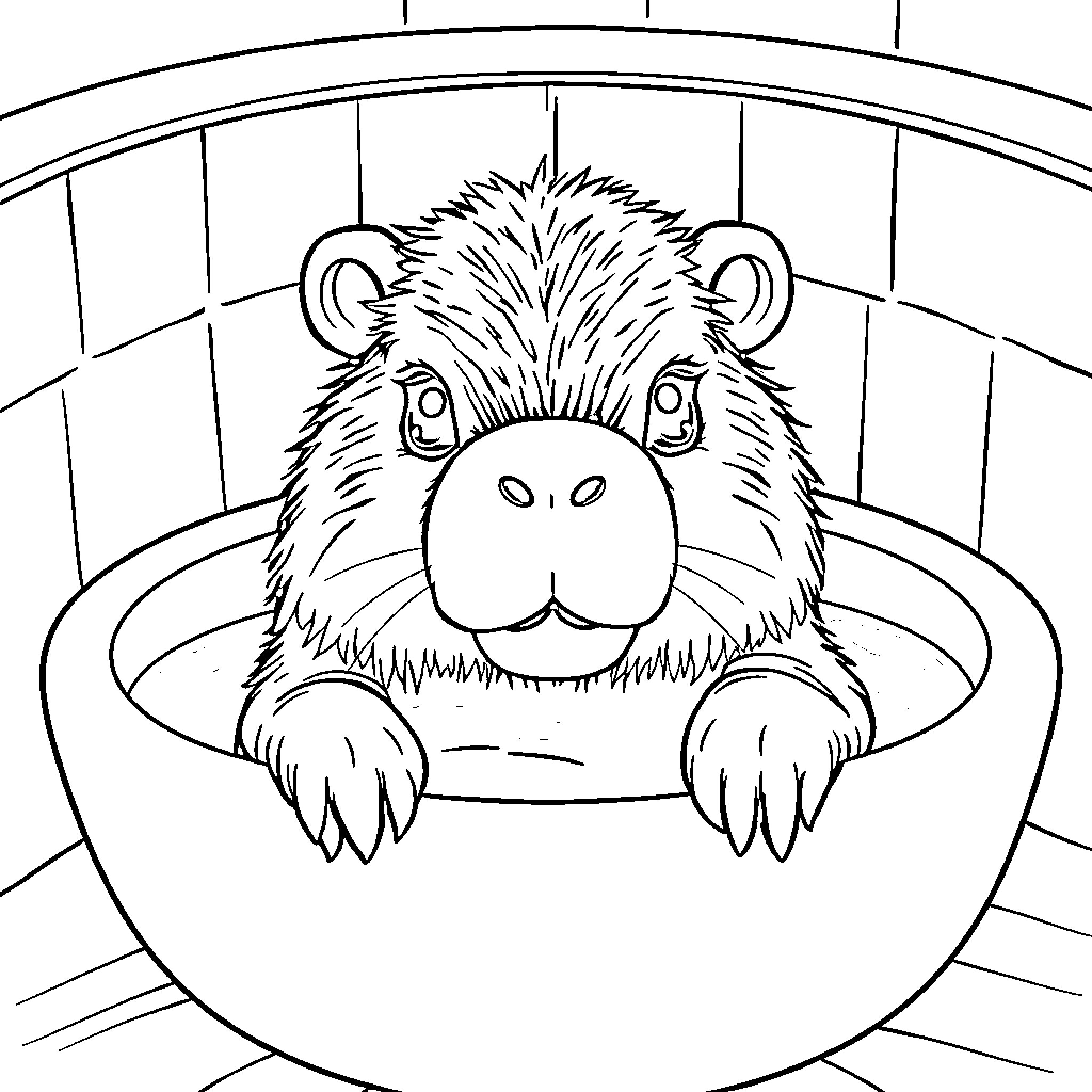 Capybara relaxing in a bathtub Coloring Page (free black-and-white line drawing printable PDF for all, from beginners to advanced learners, including children, teens, adults, and seniors)