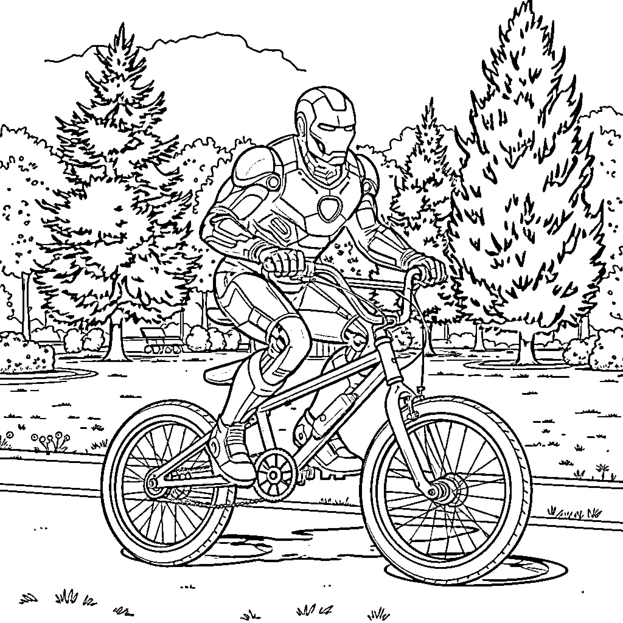 Ironman riding a bicycle through the forest Coloring Page (free black-and-white line drawing printable PDF for all, from beginners to advanced learners, including children, teens, adults, and seniors)