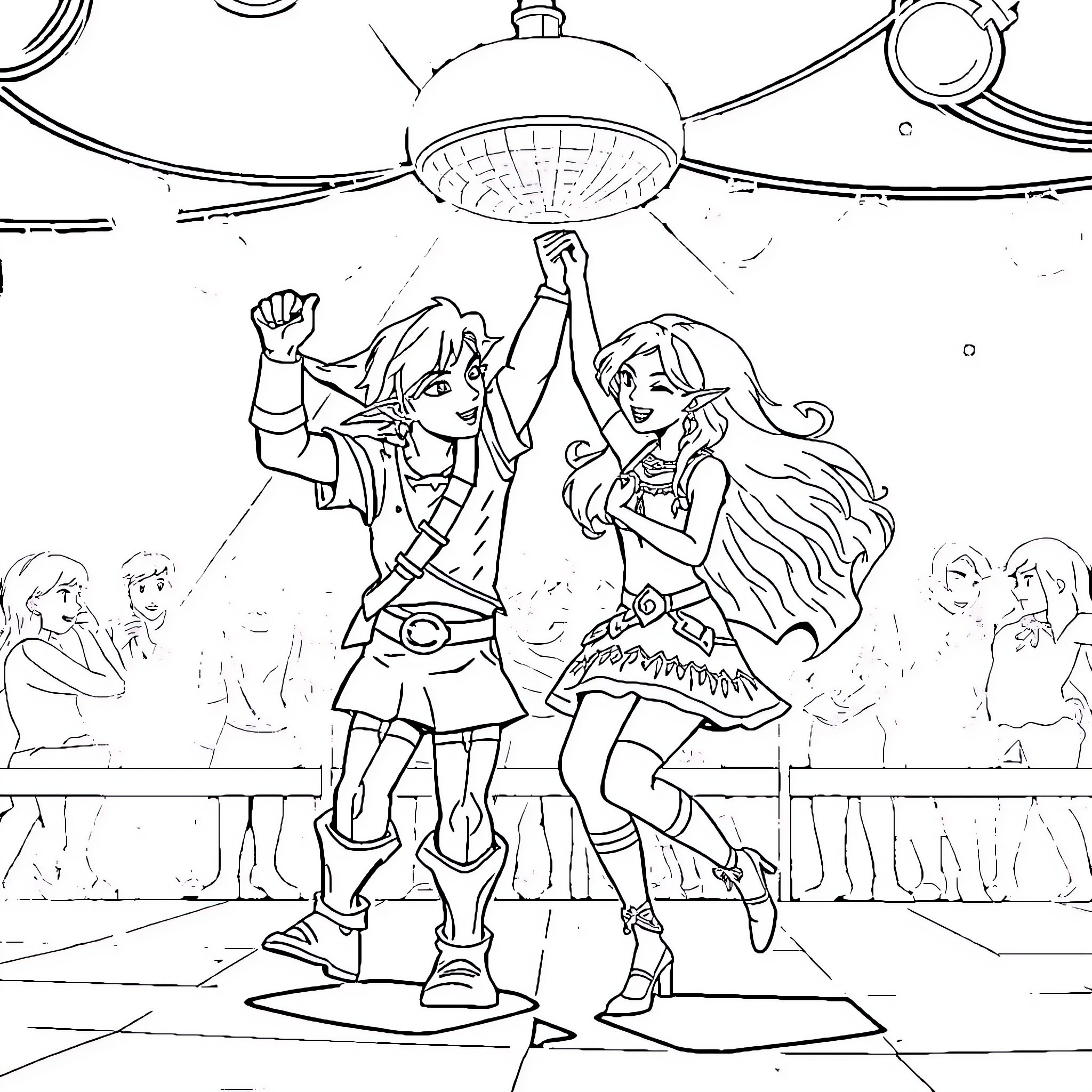Link and Zelda dancing under disco lights Coloring Page (free black-and-white line drawing printable PDF for all, from beginners to advanced learners, including children, teens, adults, and seniors)