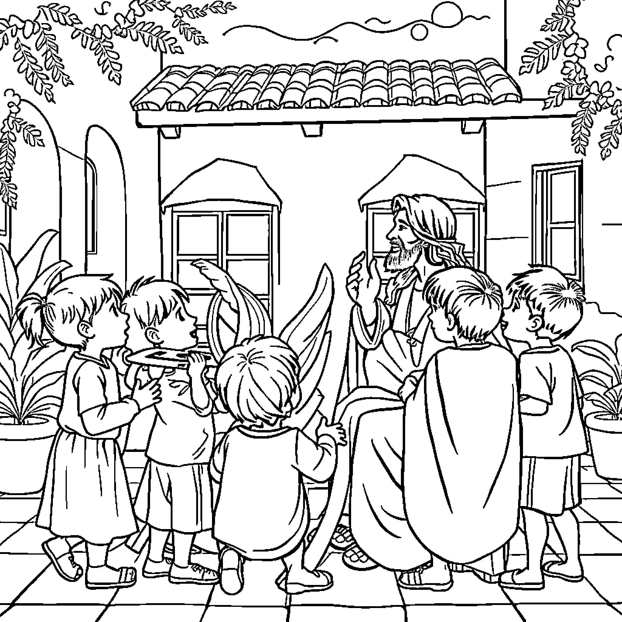 Jesucristo teaching and blessing children Coloring Page (free black-and-white line drawing printable PDF for all, from beginners to advanced learners, including children, teens, adults, and seniors)