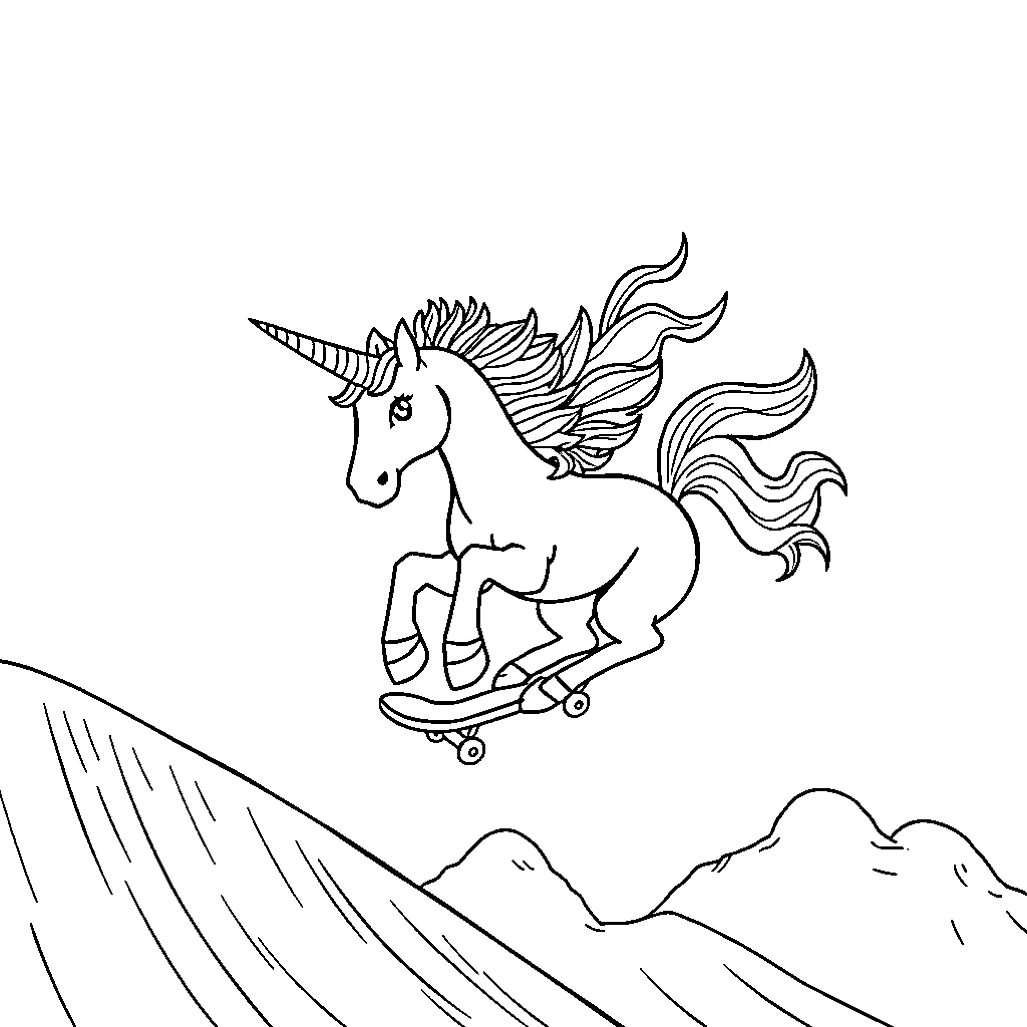 Unicorn riding a skateboard in the mountains Coloring Page (free black-and-white line drawing printable PDF for all, from beginners to advanced learners, including children, teens, adults, and seniors)