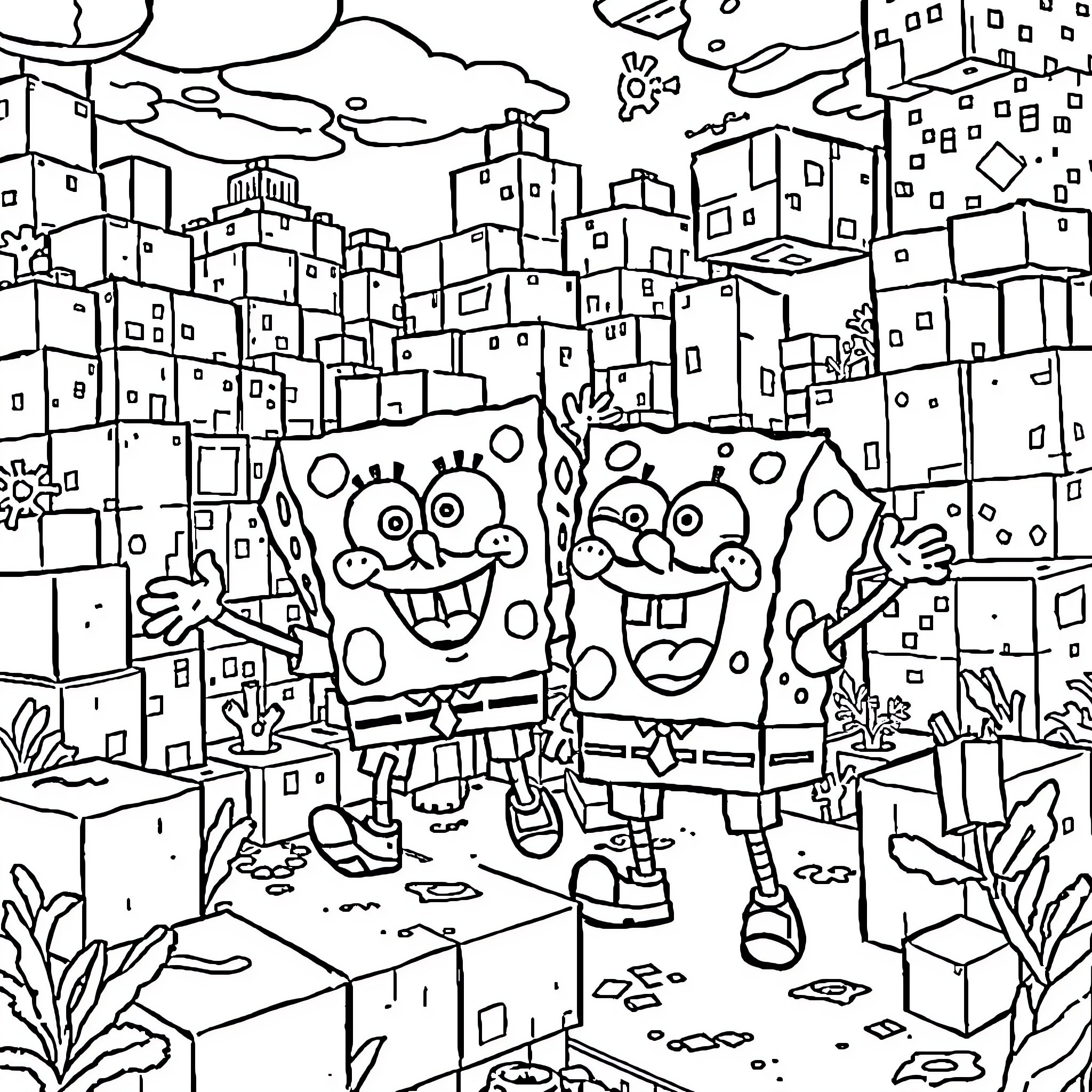 Spongebob and Patrick exploring the city Coloring Page (free black-and-white line drawing printable PDF for all, from beginners to advanced learners, including children, teens, adults, and seniors)