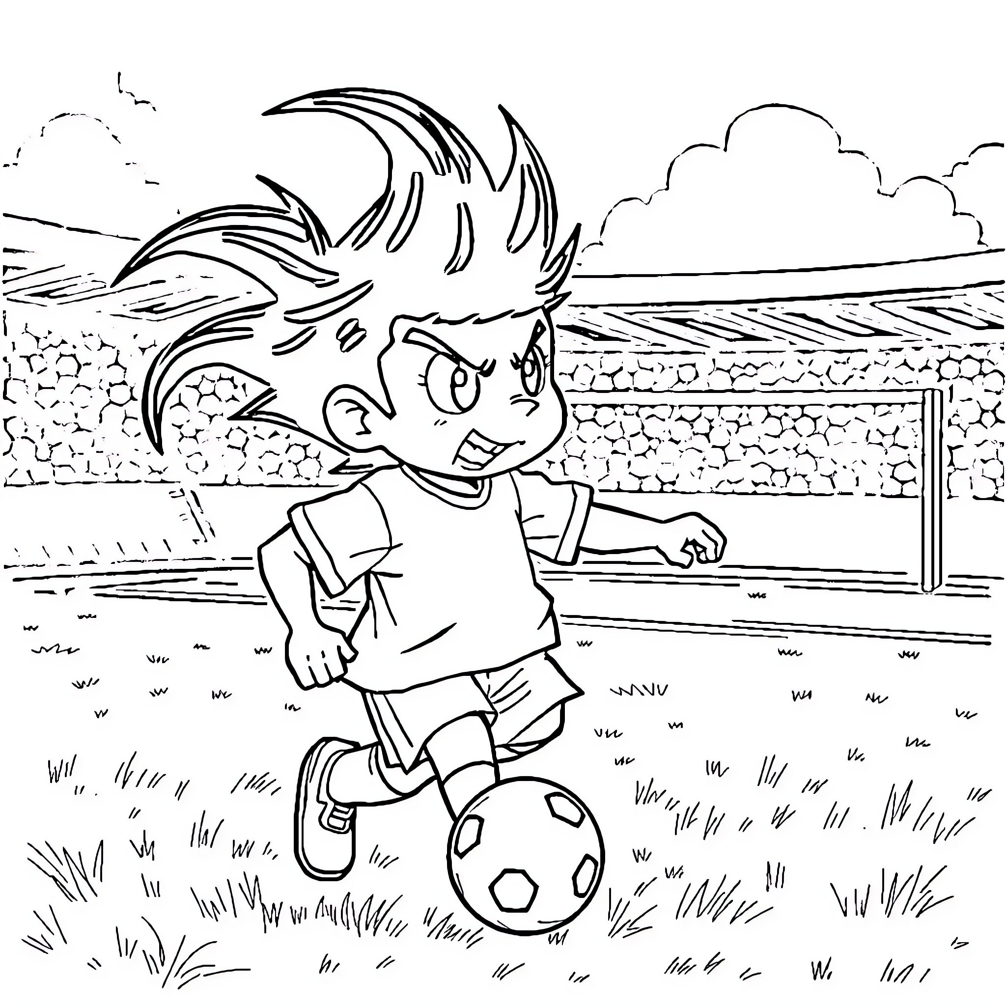 Isagi playing soccer in the field Coloring Page (free black-and-white line drawing printable PDF for all, from beginners to advanced learners, including children, teens, adults, and seniors)