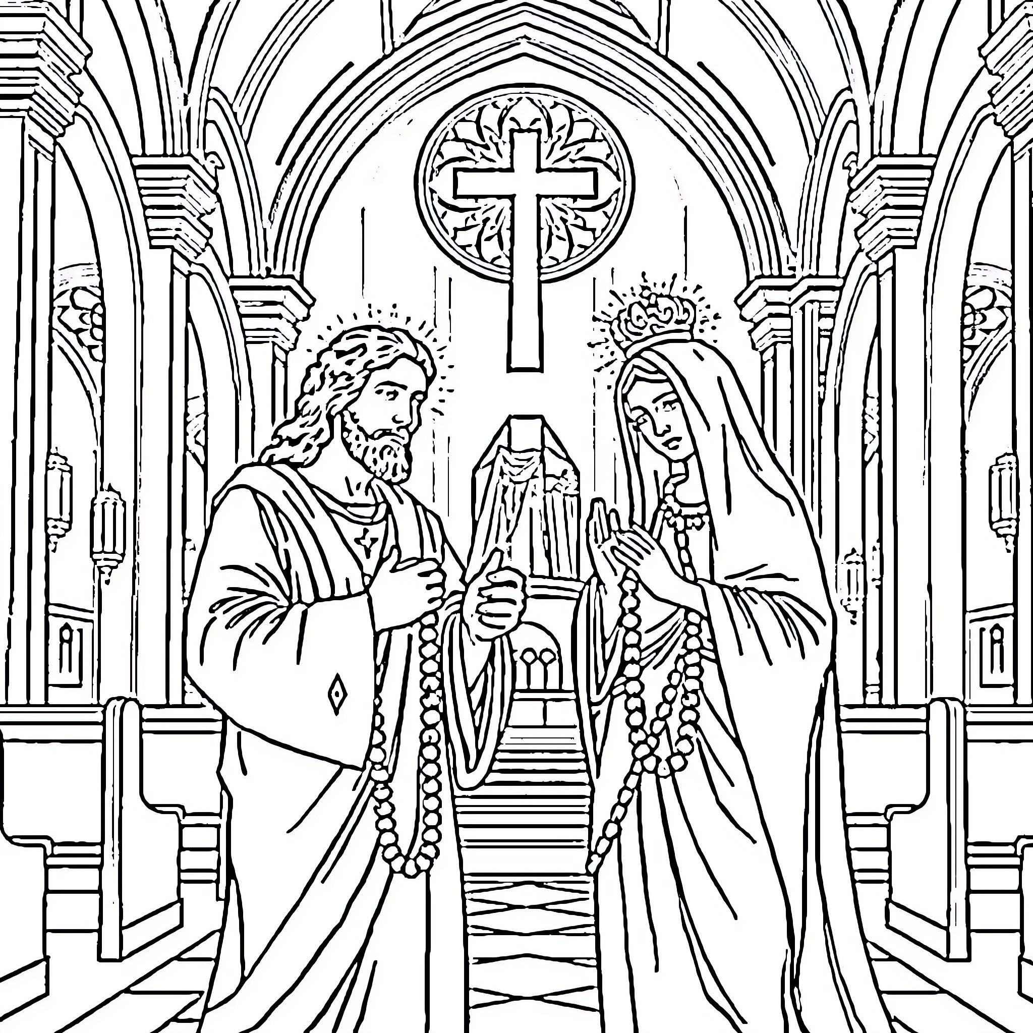 Jesus Christ and Virgin Mary in religious cathedral Coloring Page (free black-and-white line drawing printable PDF for all, from beginners to advanced learners, including children, teens, adults, and seniors)
