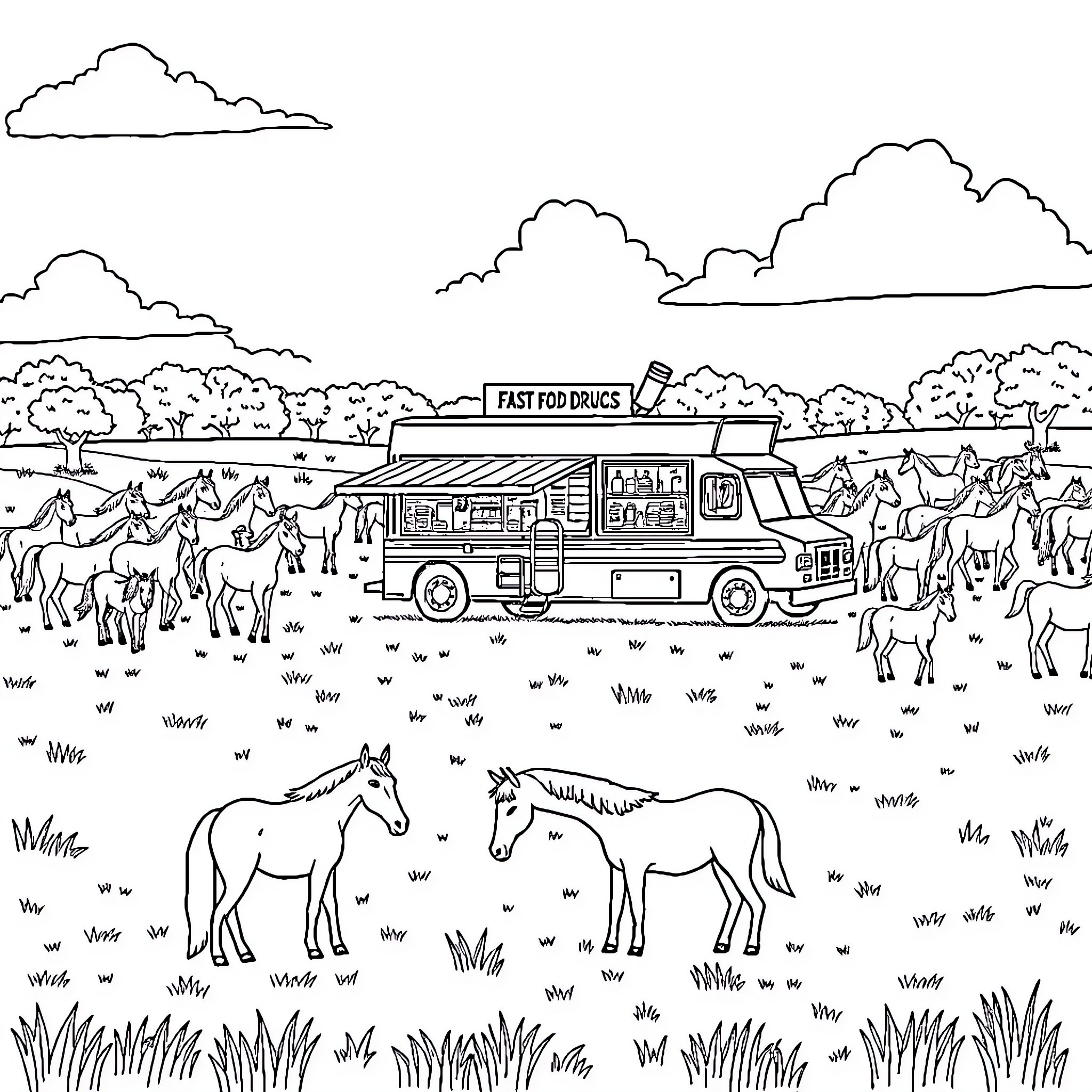 Food Truck Serving Patrons Amid Wildlife Landscape Coloring Page (free black-and-white line drawing printable PDF for all, from beginners to advanced learners, including children, teens, adults, and seniors)