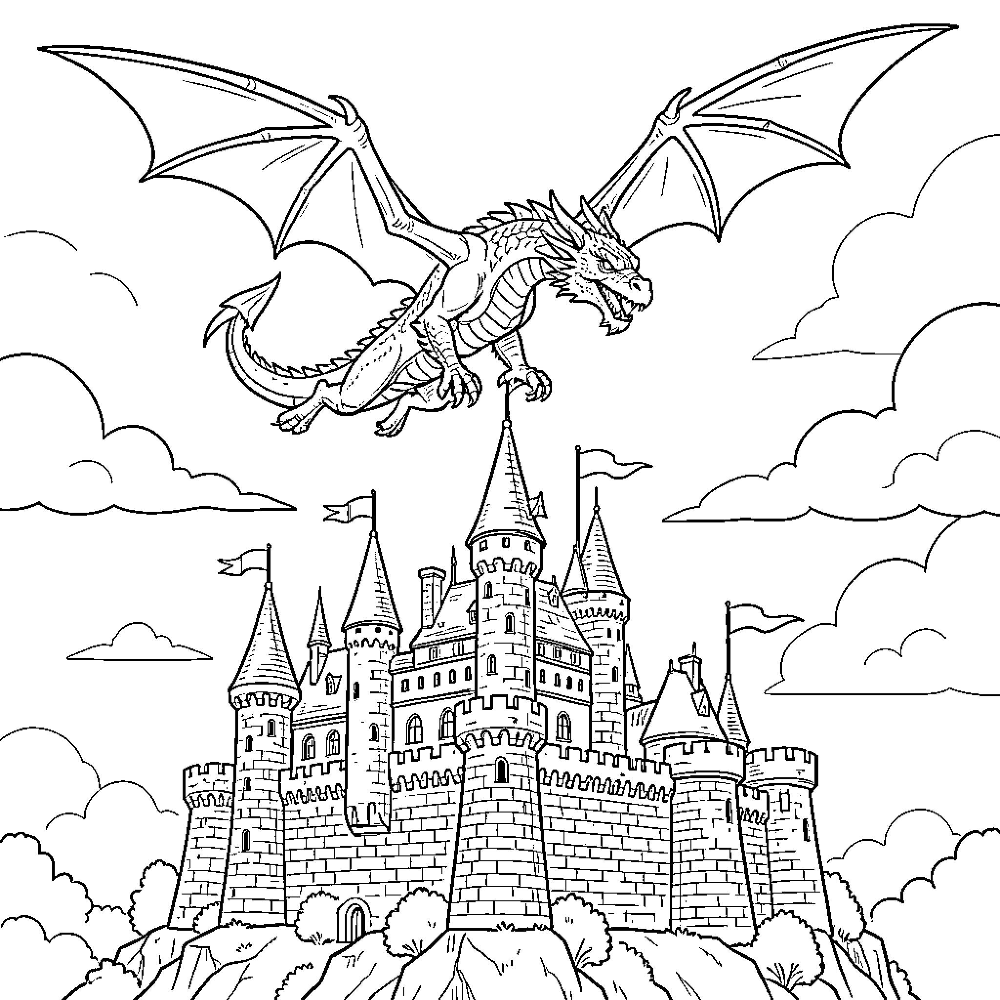 Dragon soaring over a majestic castle Coloring Page (free black-and-white line drawing printable PDF for all, from beginners to advanced learners, including children, teens, adults, and seniors)