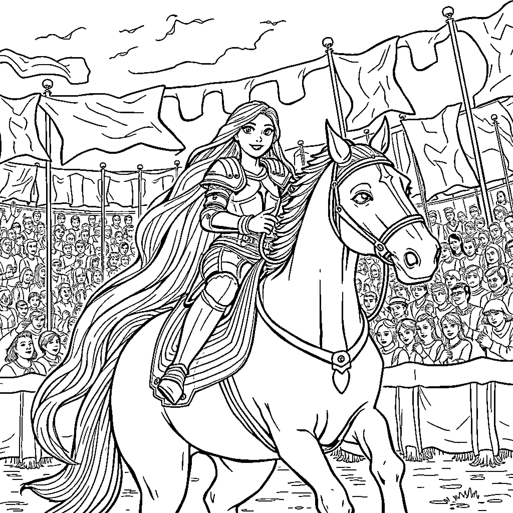 Rapunzel's grand procession on horseback Coloring Page (free black-and-white line drawing printable PDF for all, from beginners to advanced learners, including children, teens, adults, and seniors)