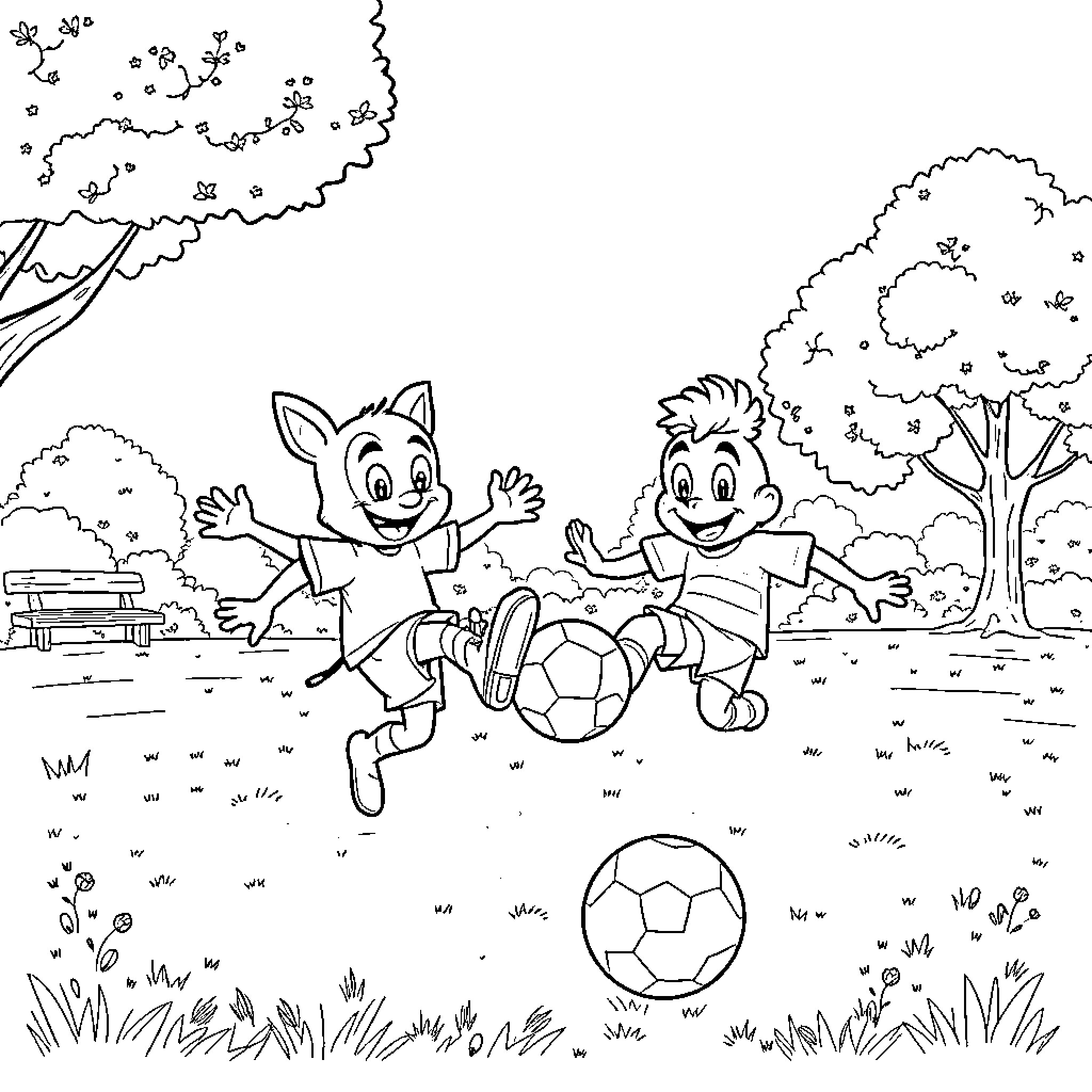 Bluey and friend playing soccer in the park Coloring Page (free black-and-white line drawing printable PDF for all, from beginners to advanced learners, including children, teens, adults, and seniors)