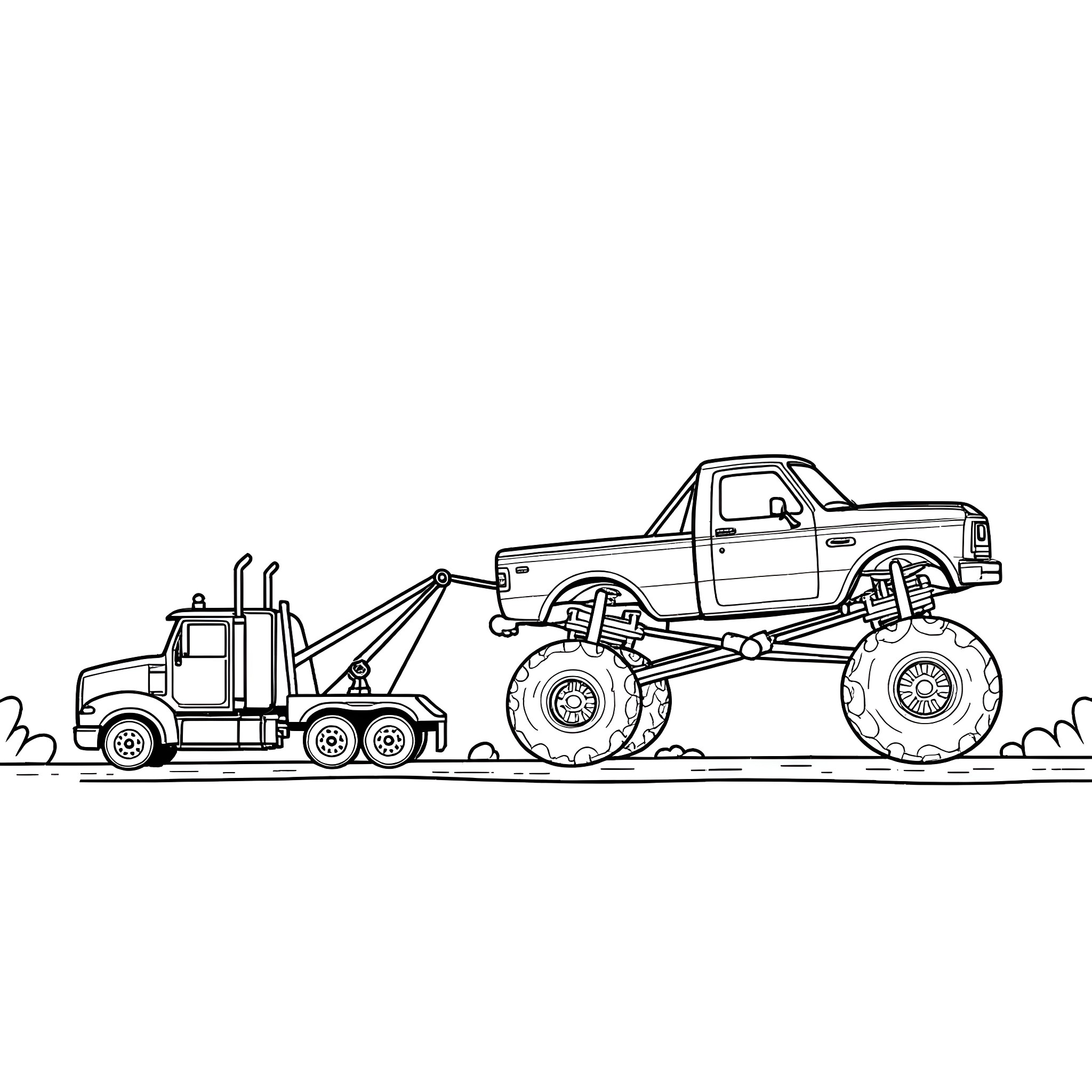 Tow Truck Transporting Monster Truck on Muddy Terrain Coloring Page (free black-and-white line drawing printable PDF for all, from beginners to advanced learners, including children, teens, adults, and seniors)