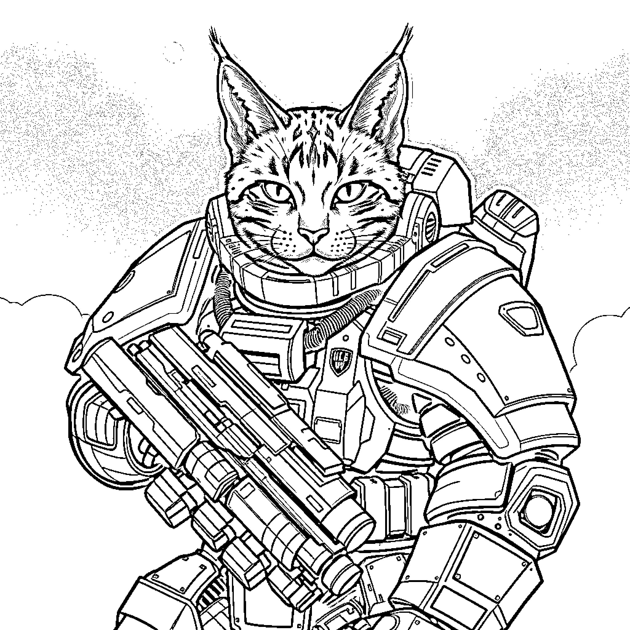 Space Marine Cat Soldier in Futuristic Armor Coloring Page (free black-and-white line drawing printable PDF for all, from beginners to advanced learners, including children, teens, adults, and seniors)