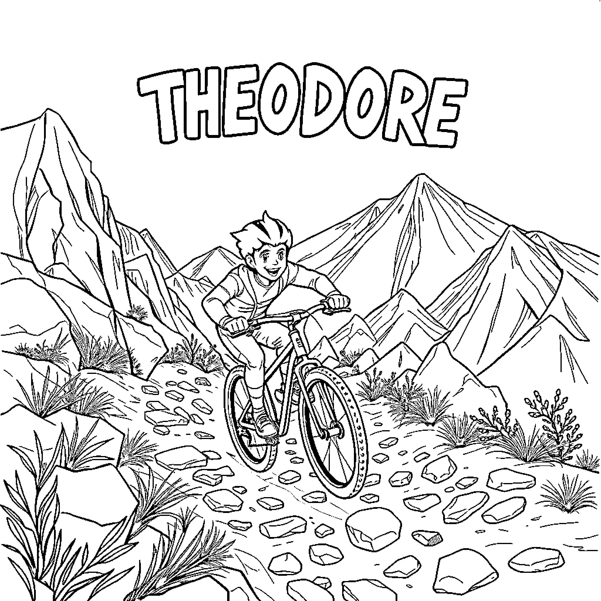 Boy biking through scenic mountain landscape Coloring Page (free black-and-white line drawing printable PDF for all, from beginners to advanced learners, including children, teens, adults, and seniors)