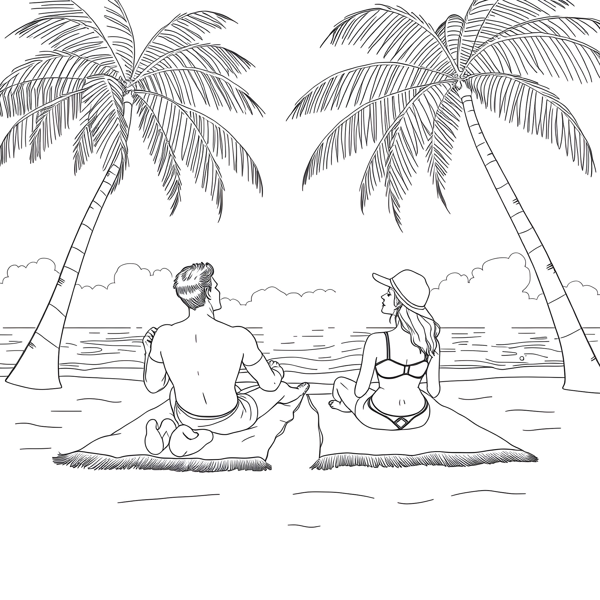 Woman enjoying tropical beach with companion Coloring Page (free black-and-white line drawing printable PDF for all, from beginners to advanced learners, including children, teens, adults, and seniors)