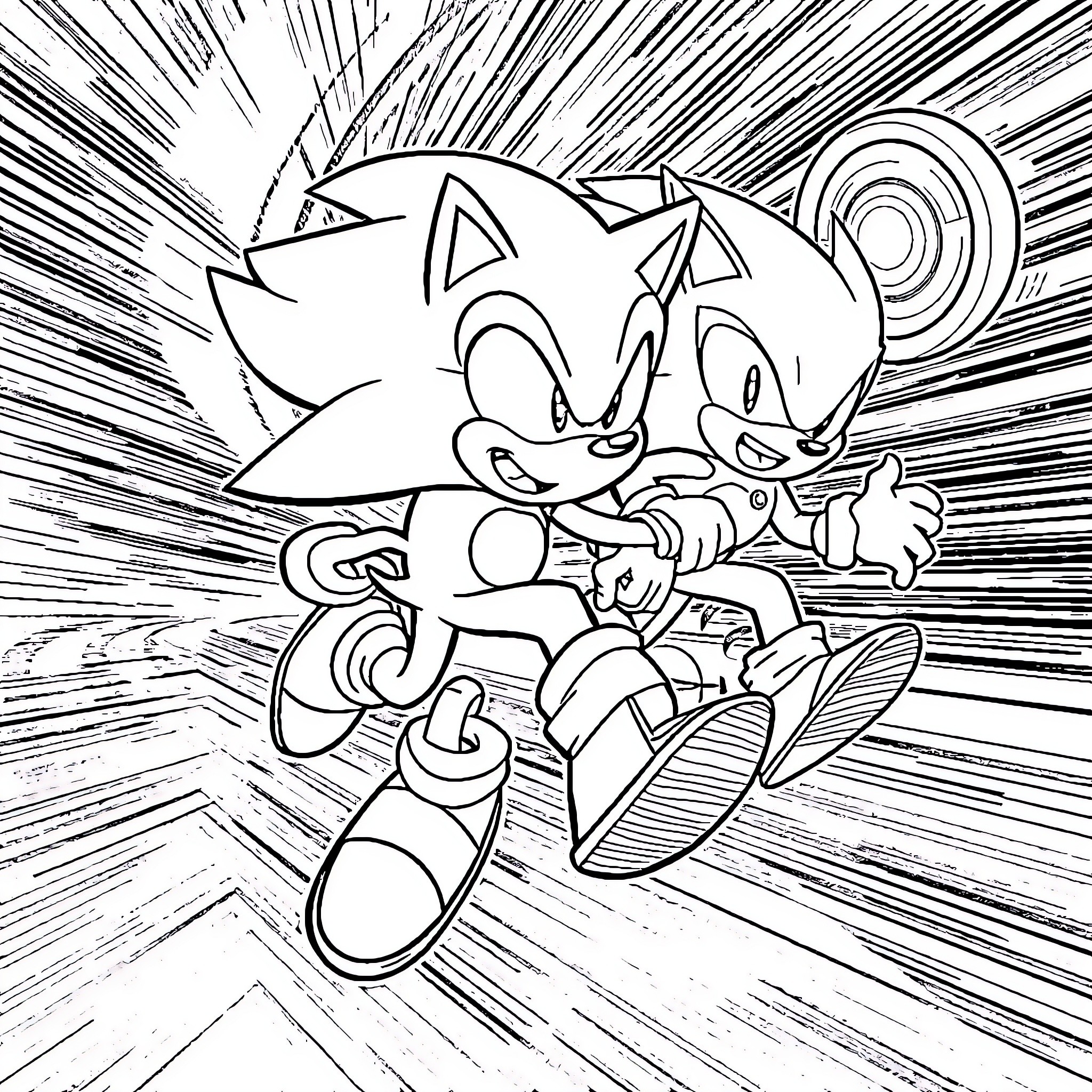 Sonic racing with excitement through the scene Coloring Page (free black-and-white line drawing printable PDF for all, from beginners to advanced learners, including children, teens, adults, and seniors)