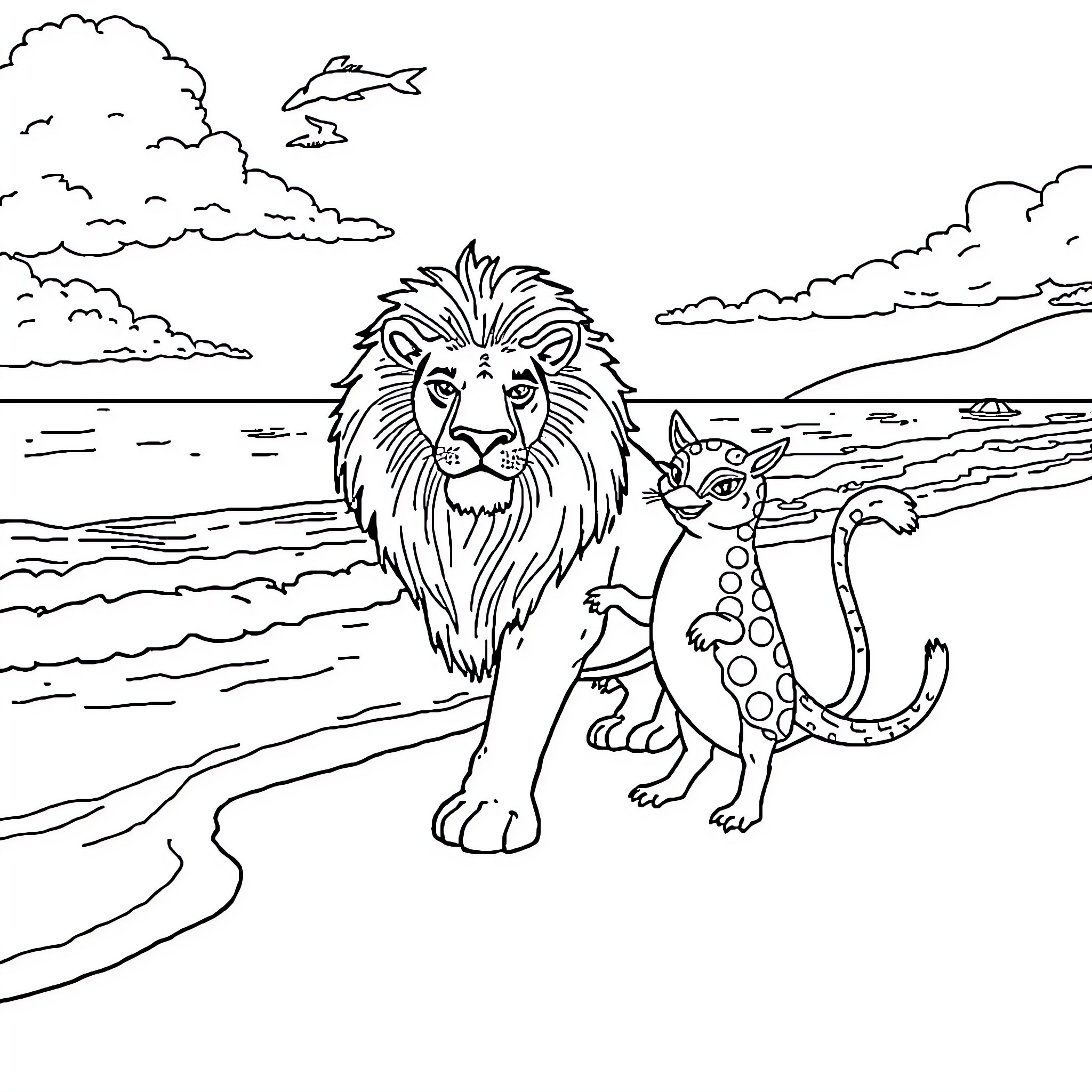 Lion and Leopard by the Seaside Coloring Page (free black-and-white line drawing printable PDF for all, from beginners to advanced learners, including children, teens, adults, and seniors)