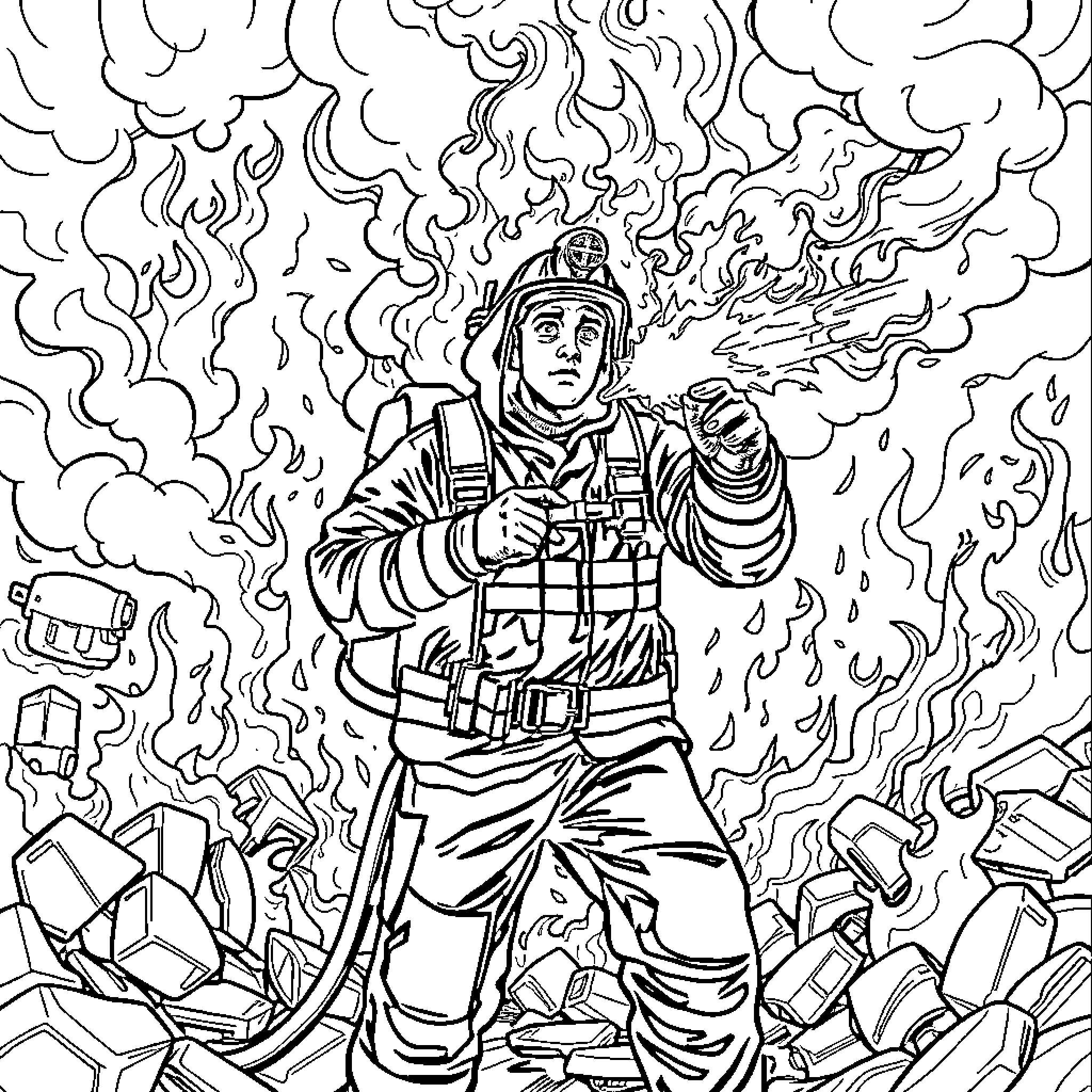 Fireman Battling Intense Flames and Destruction Coloring Page (free black-and-white line drawing printable PDF for all, from beginners to advanced learners, including children, teens, adults, and seniors)