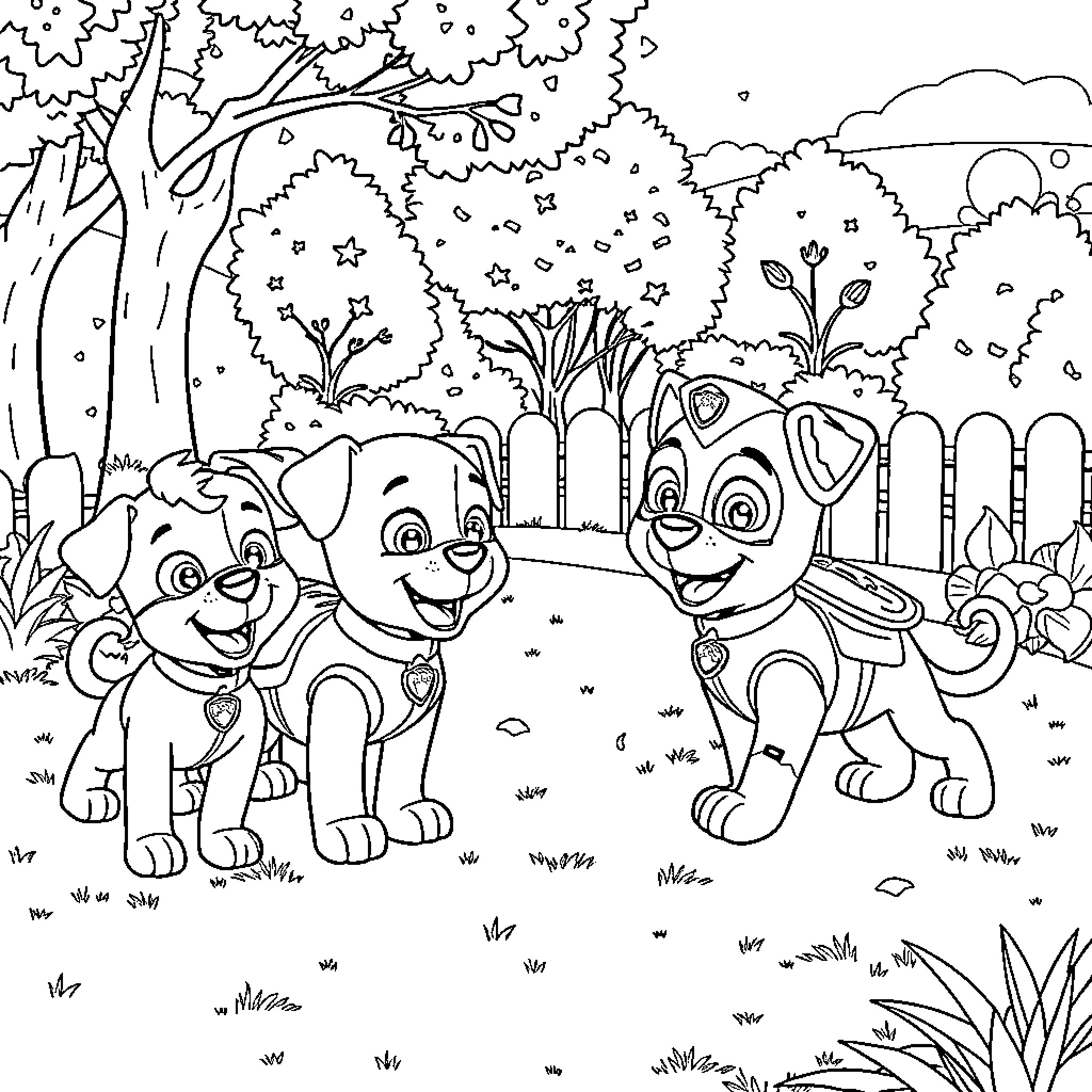 Paw Patrol Puppy Friends Explore the Enchanted Forest Coloring Page (free black-and-white line drawing printable PDF for all, from beginners to advanced learners, including children, teens, adults, and seniors)