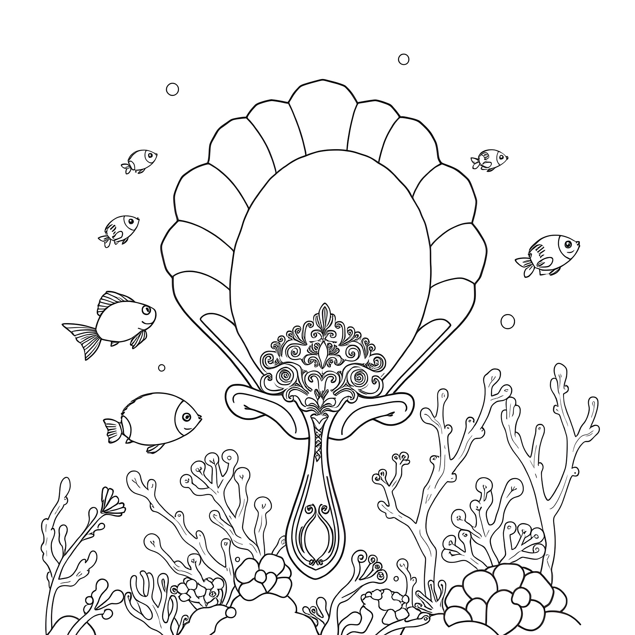 Little Mermaid's Underwater Garden Adventure Coloring Page (free black-and-white line drawing printable PDF for all, from beginners to advanced learners, including children, teens, adults, and seniors)