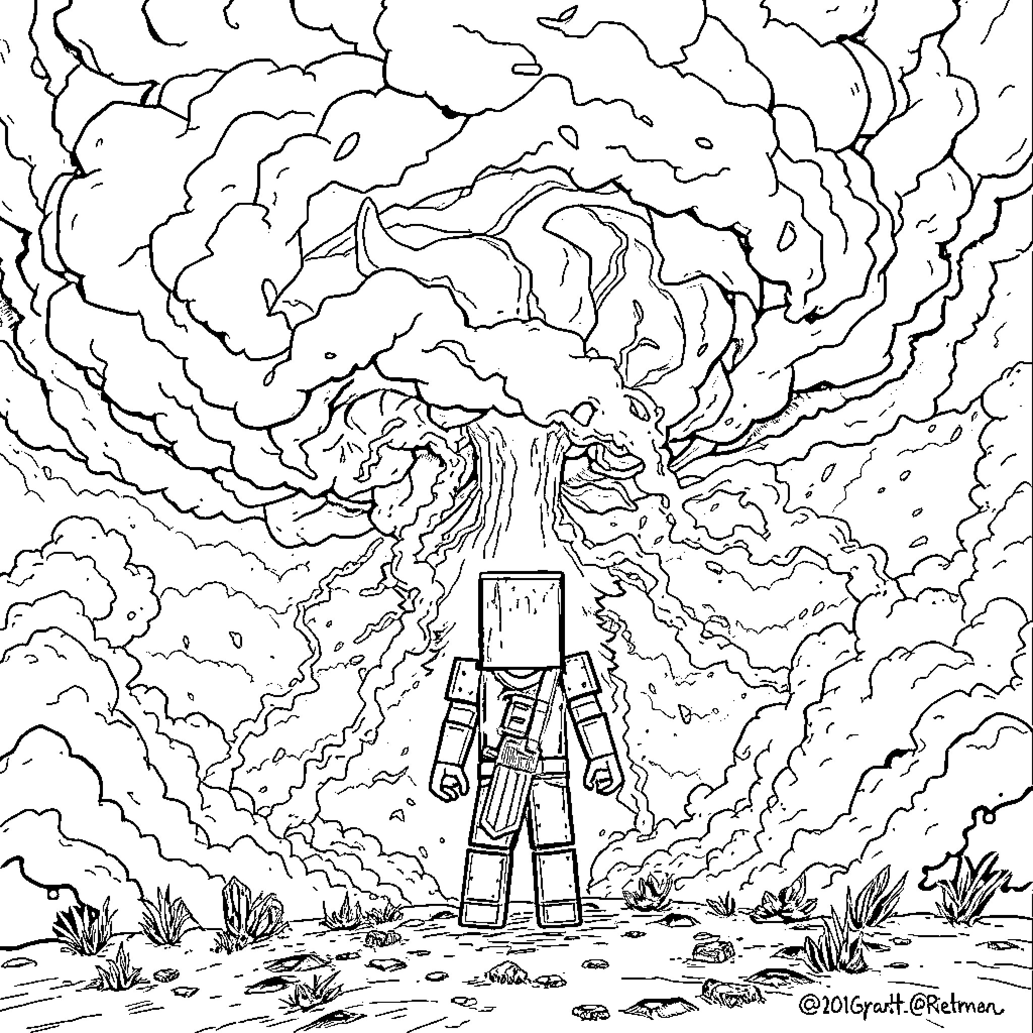 Witherstorm: Mysterious figure amid swirling clouds and energy Coloring Page (free black-and-white line drawing printable PDF for all, from beginners to advanced learners, including children, teens, adults, and seniors)