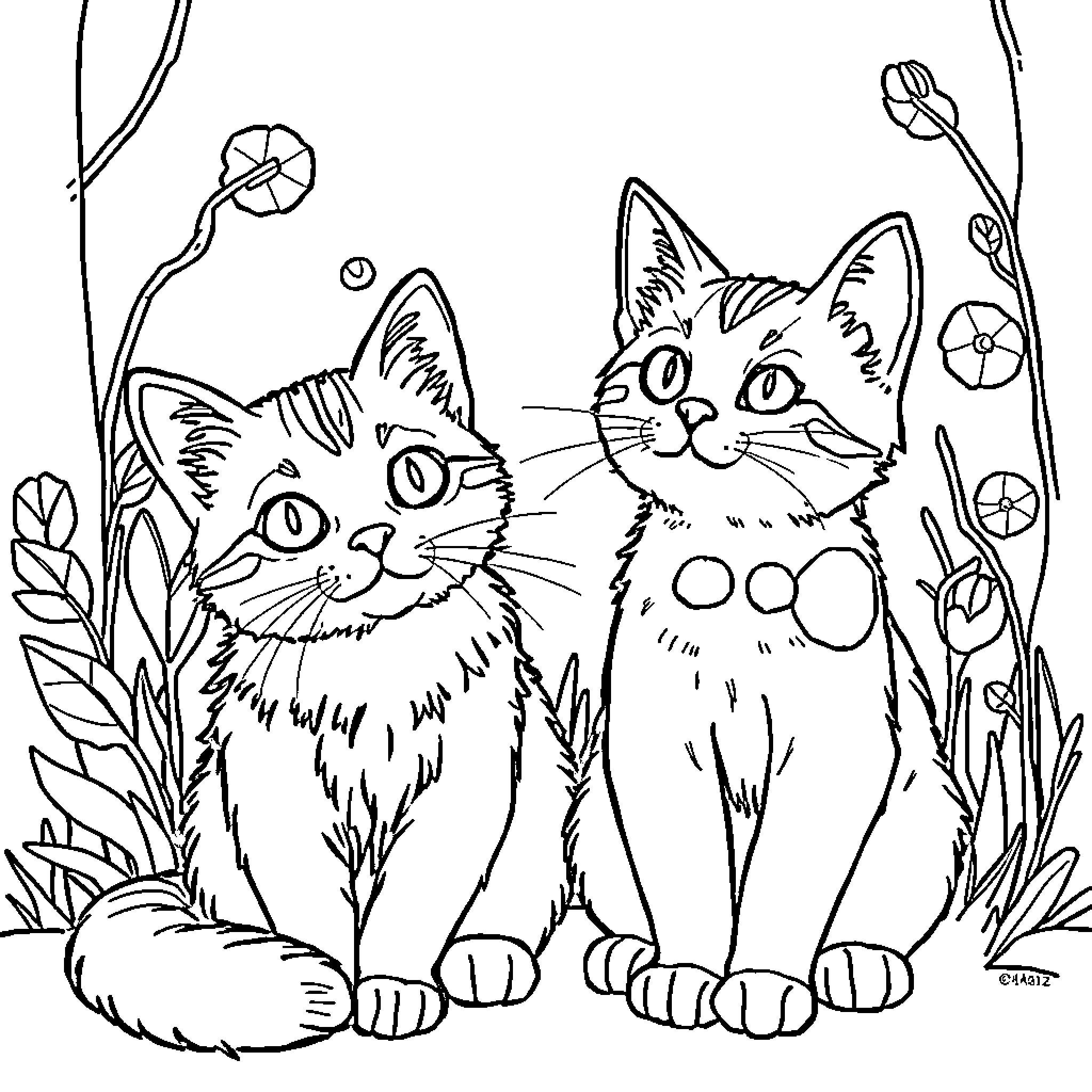 Cat companions in floral garden Coloring Page (free black-and-white line drawing printable PDF for all, from beginners to advanced learners, including children, teens, adults, and seniors)