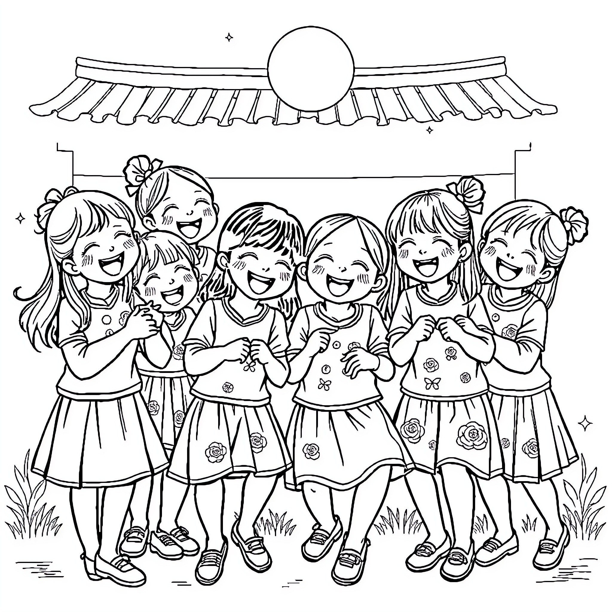 Girls celebrating together with smiles and joy Coloring Page (free black-and-white line drawing printable PDF for all, from beginners to advanced learners, including children, teens, adults, and seniors)