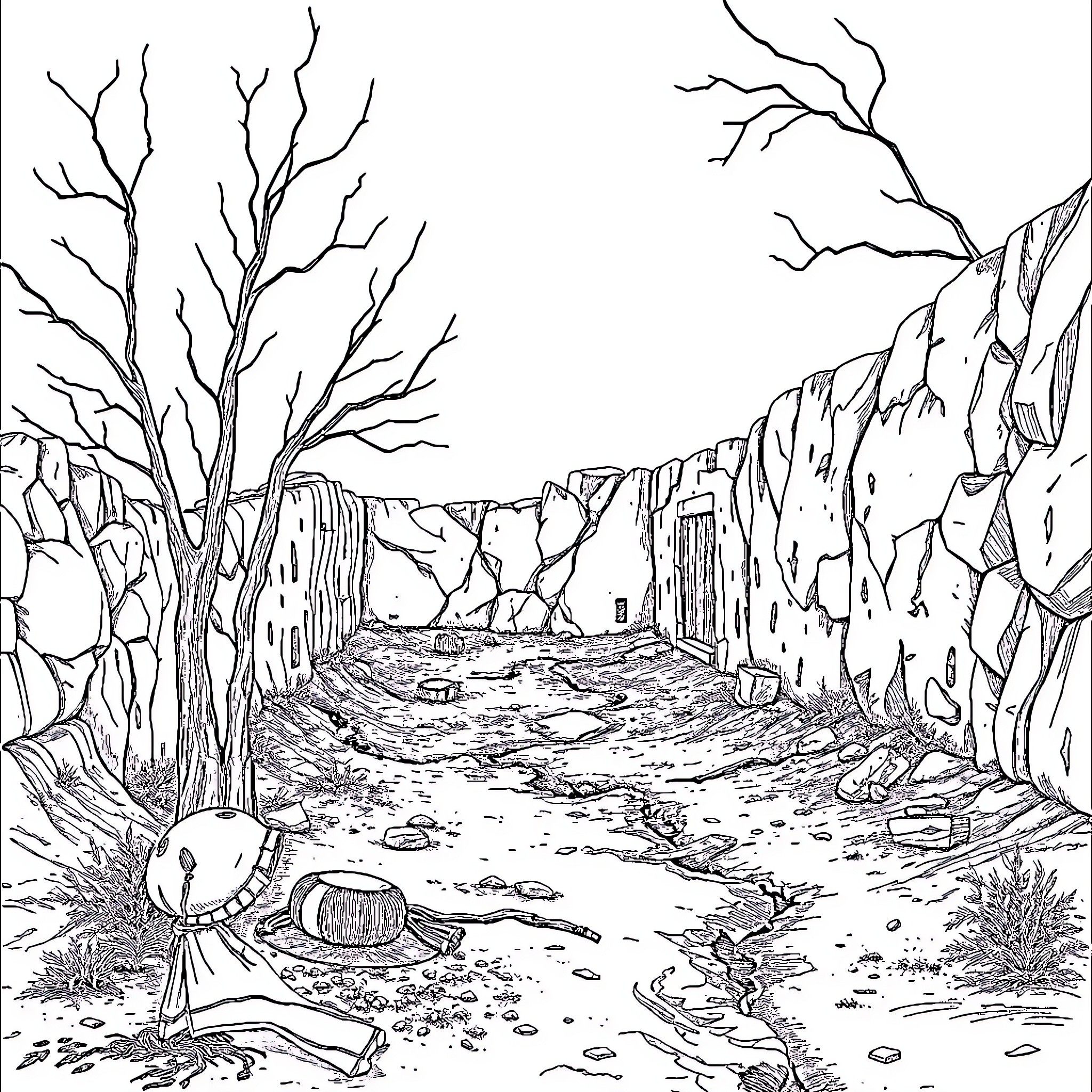 Forsaken Landscape of Desolation and Decay Coloring Page (free black-and-white line drawing printable PDF for all, from beginners to advanced learners, including children, teens, adults, and seniors)
