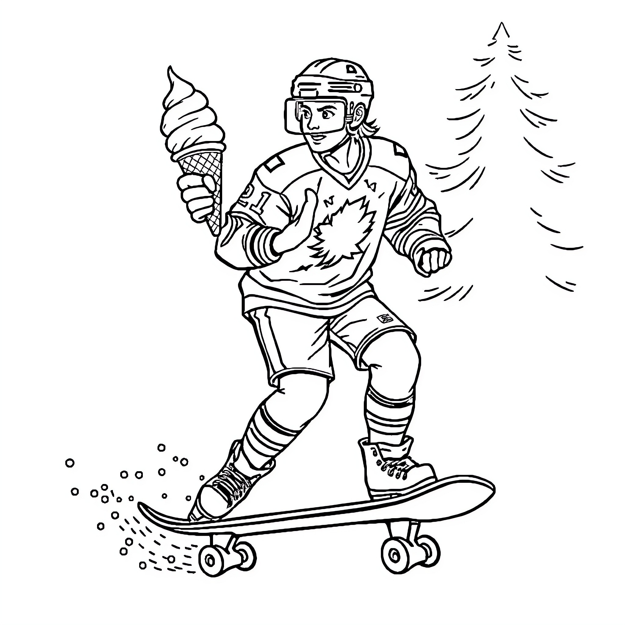 Hockey Player Riding Skateboard with Ice Cream Cone Coloring Page (free black-and-white line drawing printable PDF for all, from beginners to advanced learners, including children, teens, adults, and seniors)