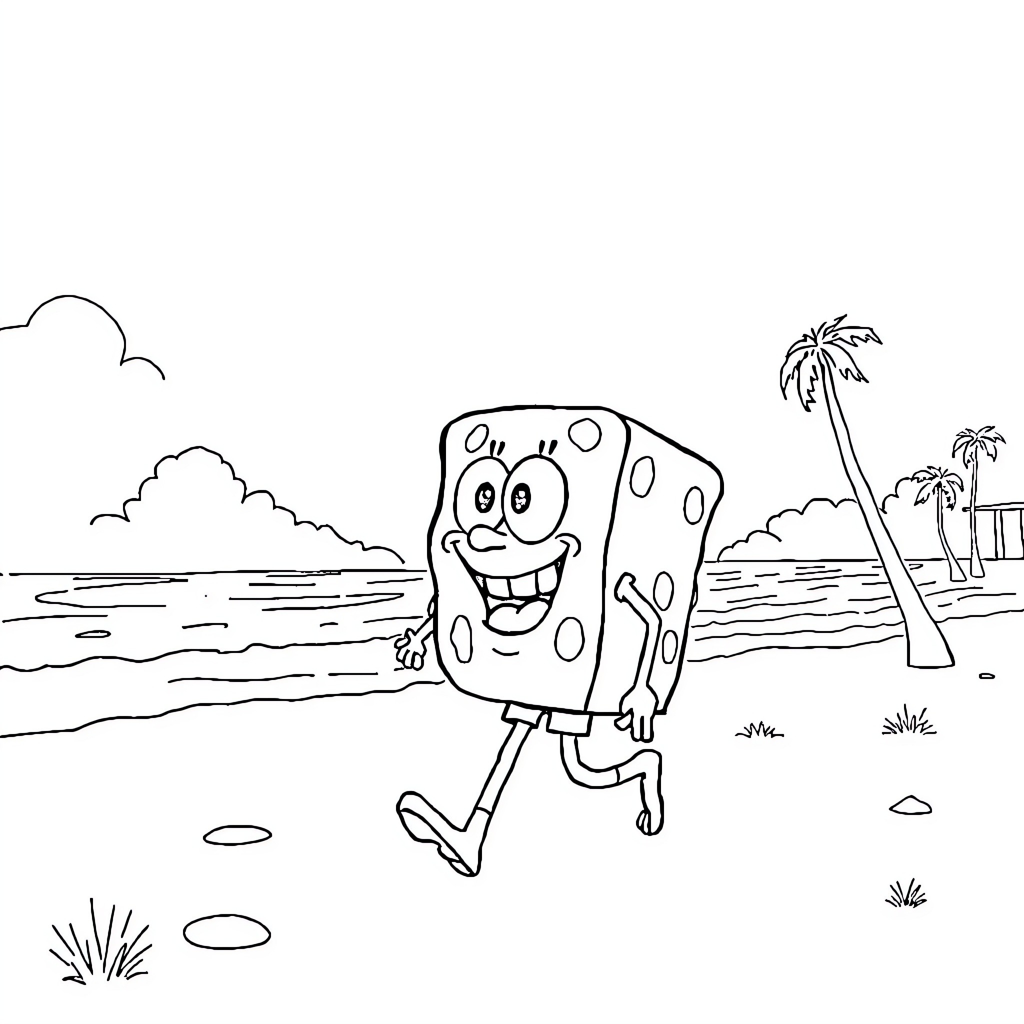 Spongebob running happily on the beach Coloring Page (free black-and-white line drawing printable PDF for all, from beginners to advanced learners, including children, teens, adults, and seniors)