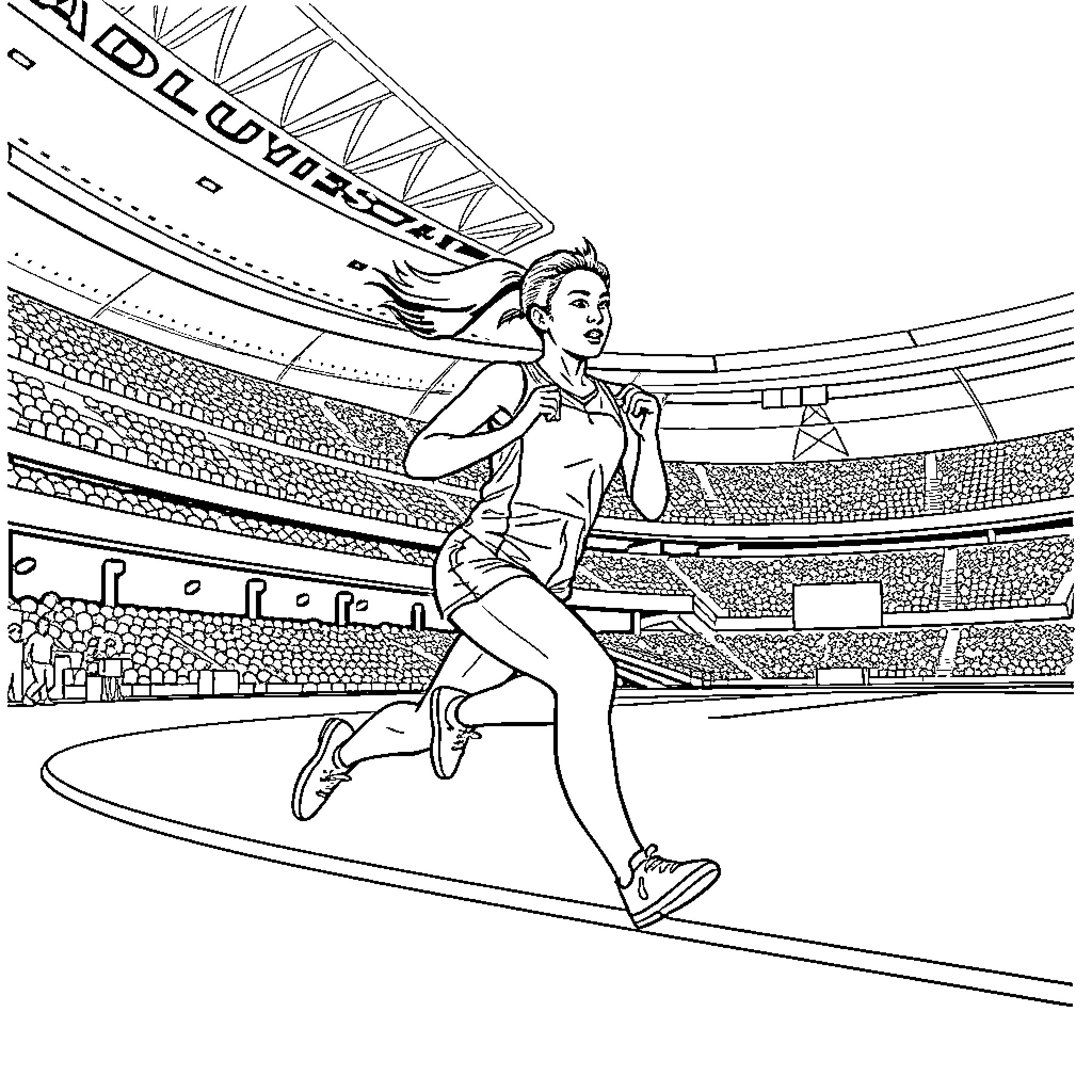 Raya competing in athletic stadium Coloring Page (free black-and-white line drawing printable PDF for all, from beginners to advanced learners, including children, teens, adults, and seniors)