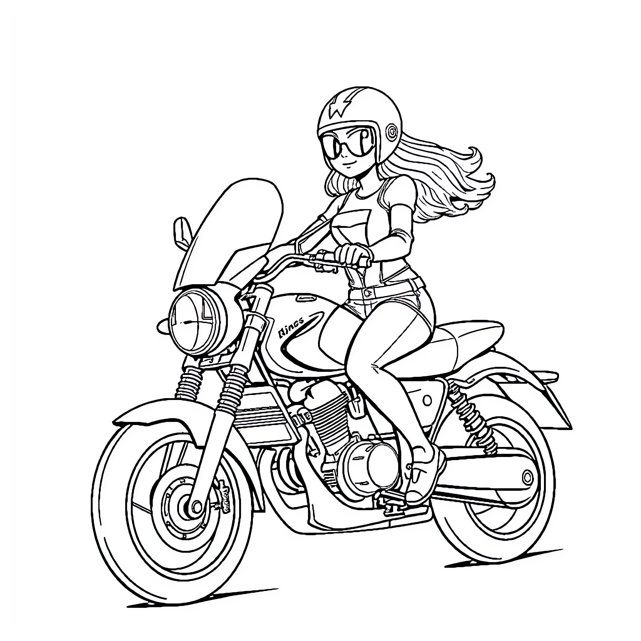 Girl riding motorcycle on road Coloring Page (free black-and-white line drawing printable PDF for all, from beginners to advanced learners, including children, teens, adults, and seniors)