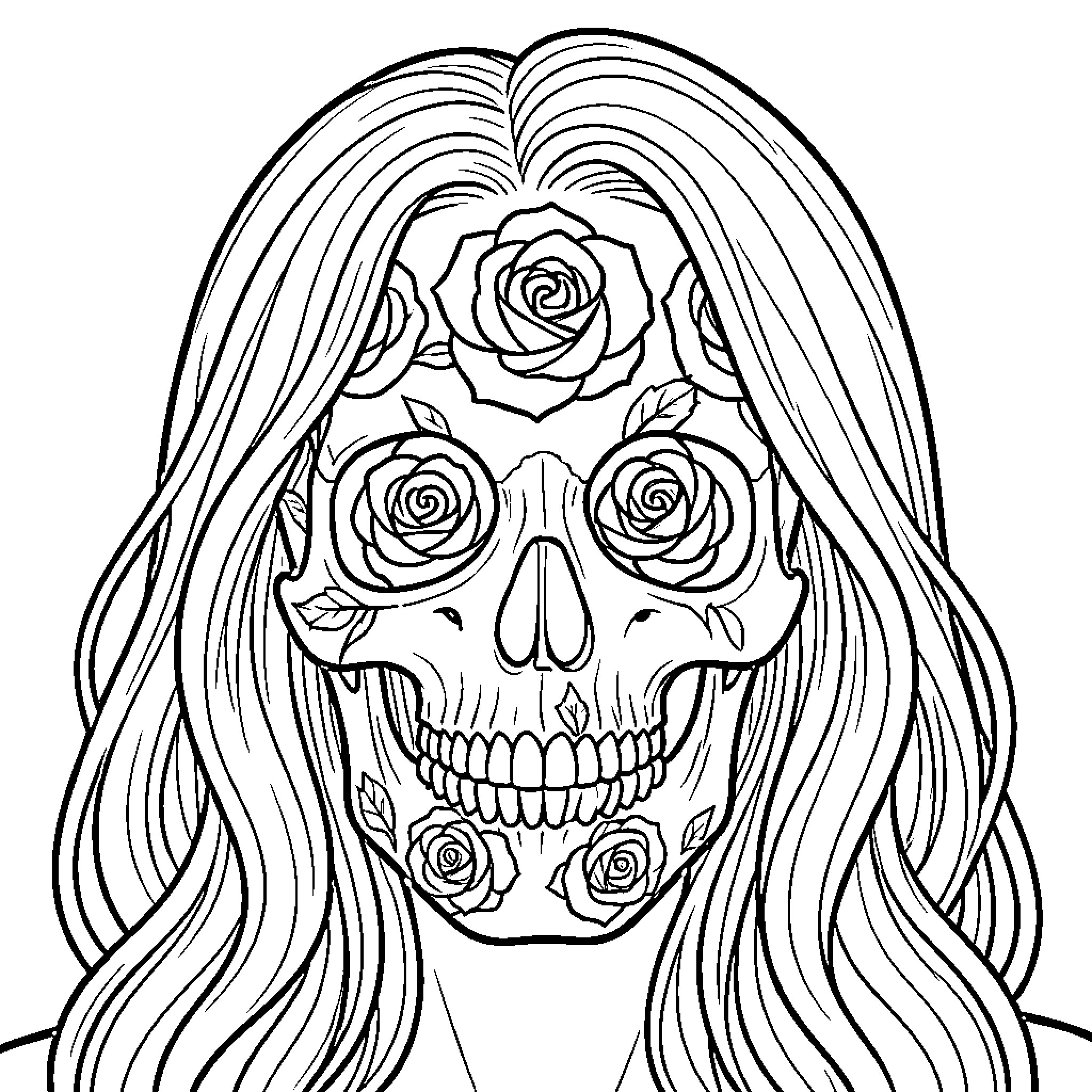 Skull adorned with roses and long flowing hair Coloring Page (free black-and-white line drawing printable PDF for all, from beginners to advanced learners, including children, teens, adults, and seniors)