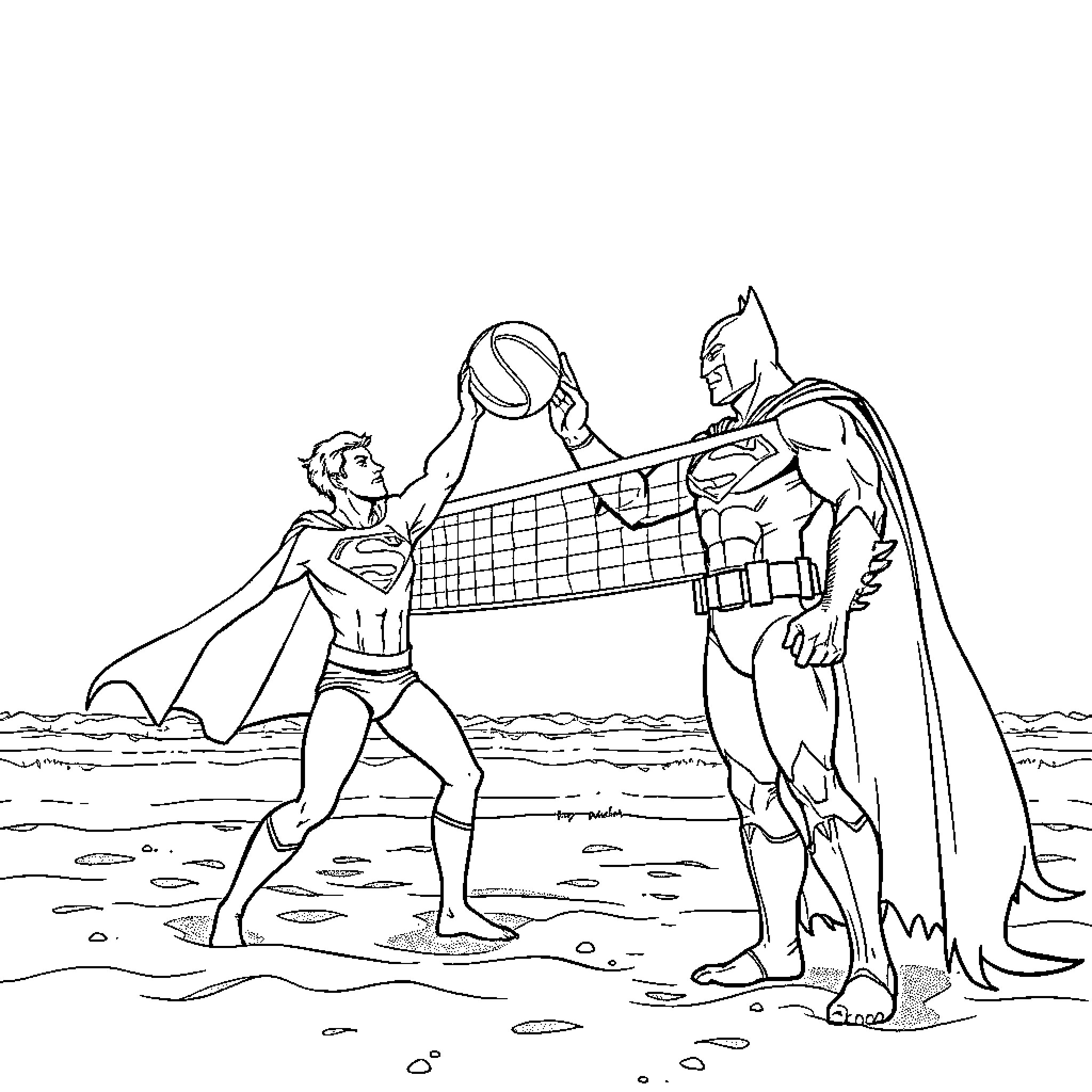 Superman and Batman Playing Volleyball on the Beach Coloring Page (free black-and-white line drawing printable PDF for all, from beginners to advanced learners, including children, teens, adults, and seniors)