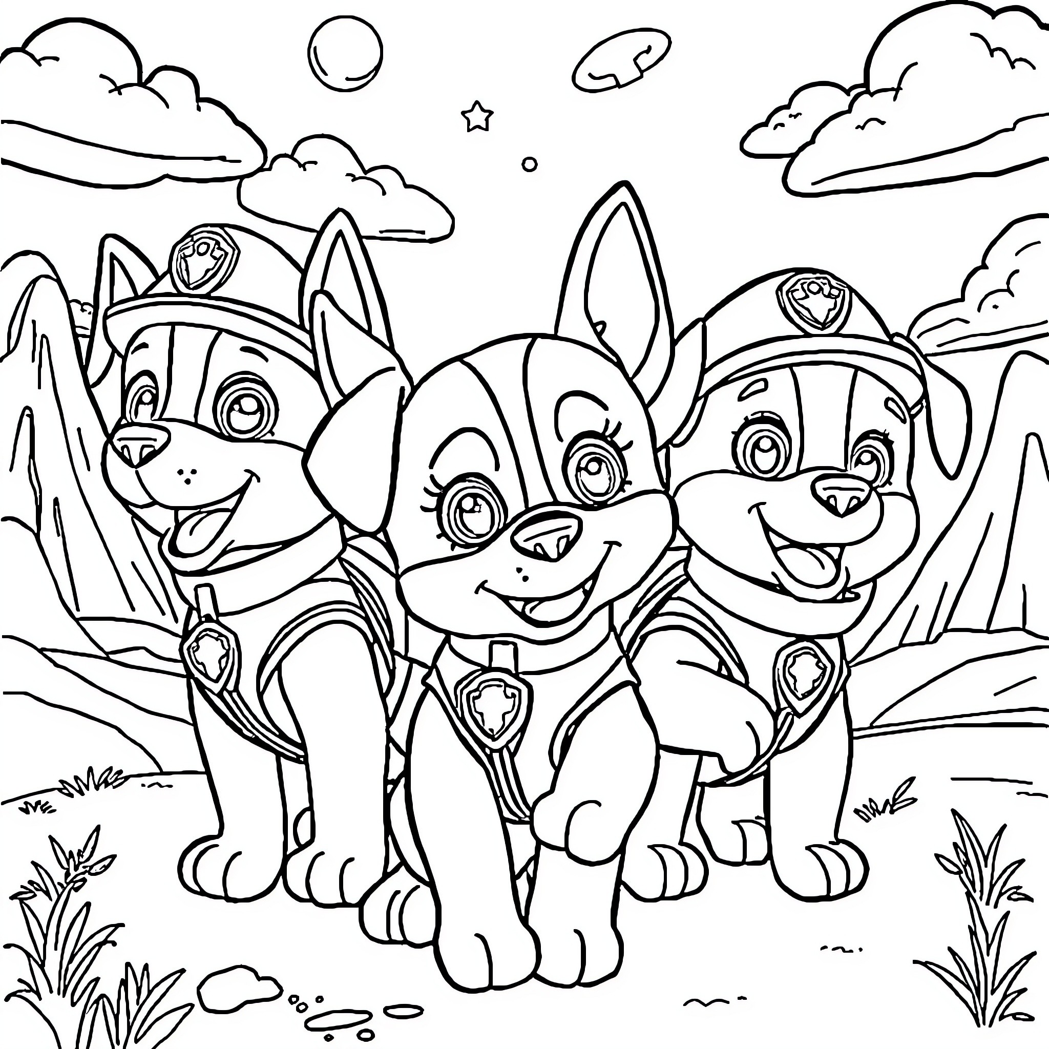 Paw Patrol pups exploring the great outdoors Coloring Page (free black-and-white line drawing printable PDF for all, from beginners to advanced learners, including children, teens, adults, and seniors)