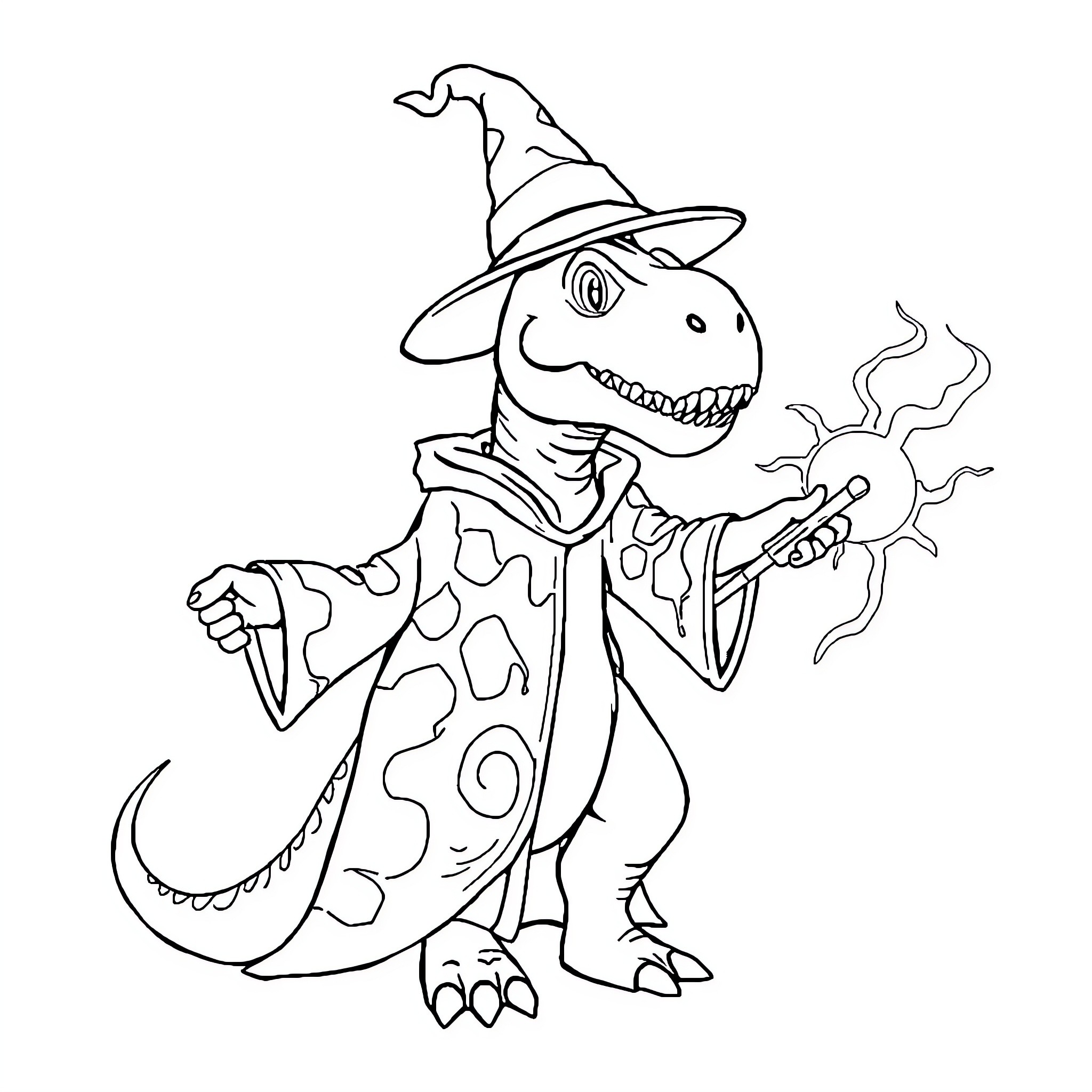 Dinosaur Sorcerer Casting Magical Spells Coloring Page (free black-and-white line drawing printable PDF for all, from beginners to advanced learners, including children, teens, adults, and seniors)