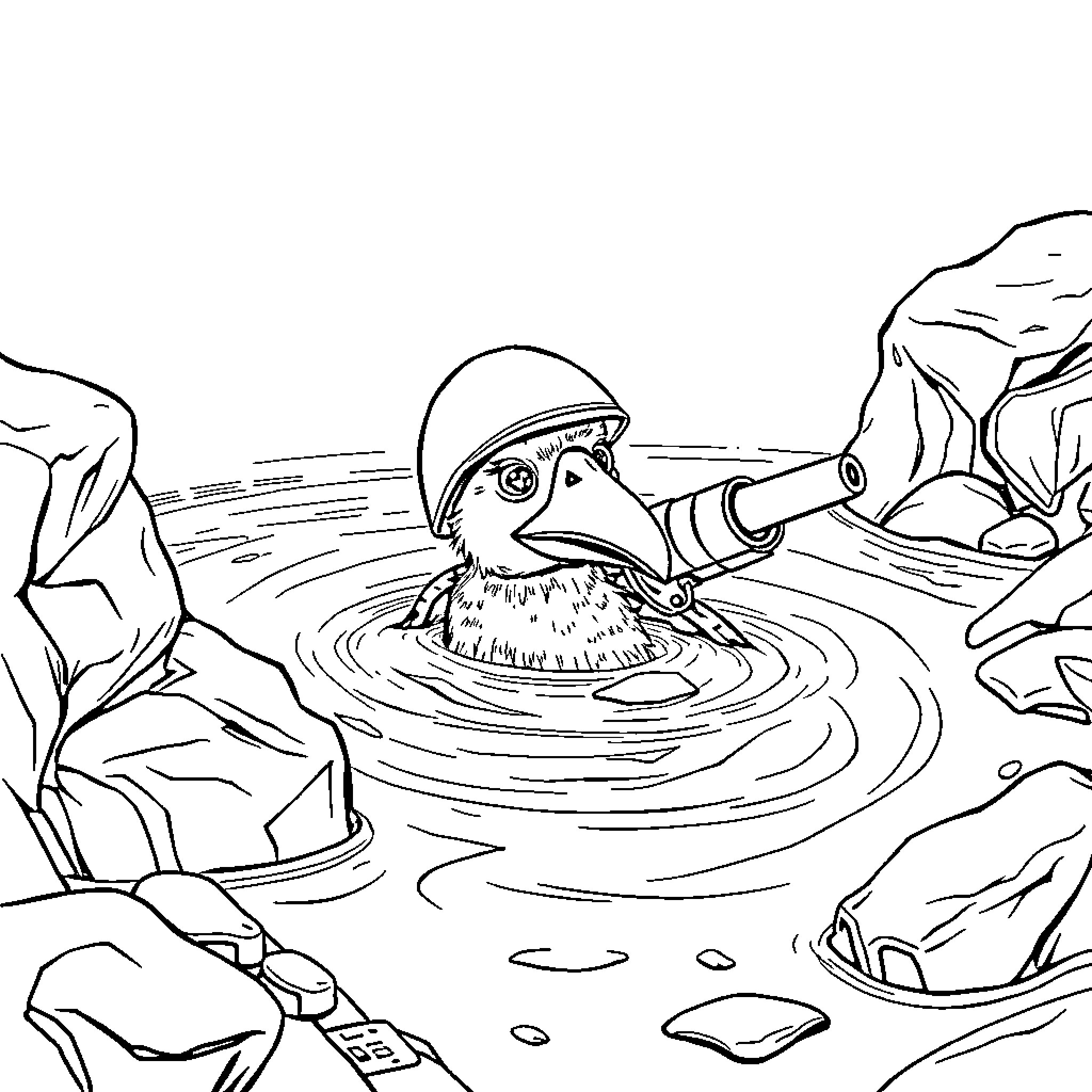 Pato exploring the rocky river Coloring Page (free black-and-white line drawing printable PDF for all, from beginners to advanced learners, including children, teens, adults, and seniors)