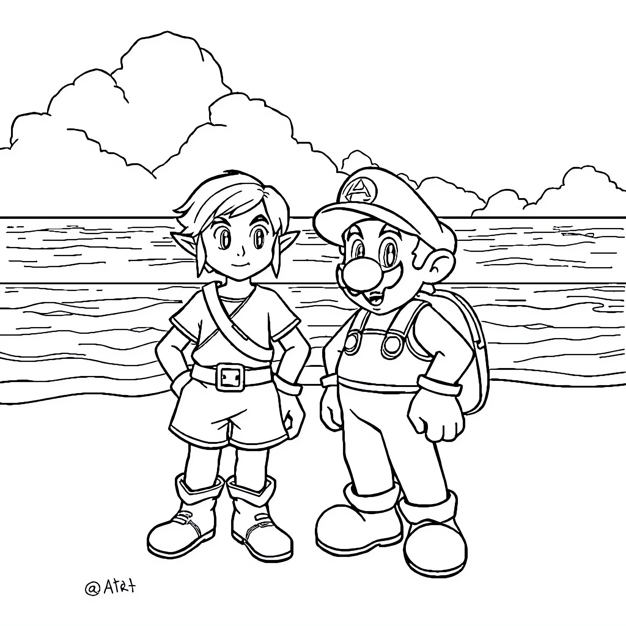 Link and Mario in a Whimsical Adventure Coloring Page (free black-and-white line drawing printable PDF for all, from beginners to advanced learners, including children, teens, adults, and seniors)