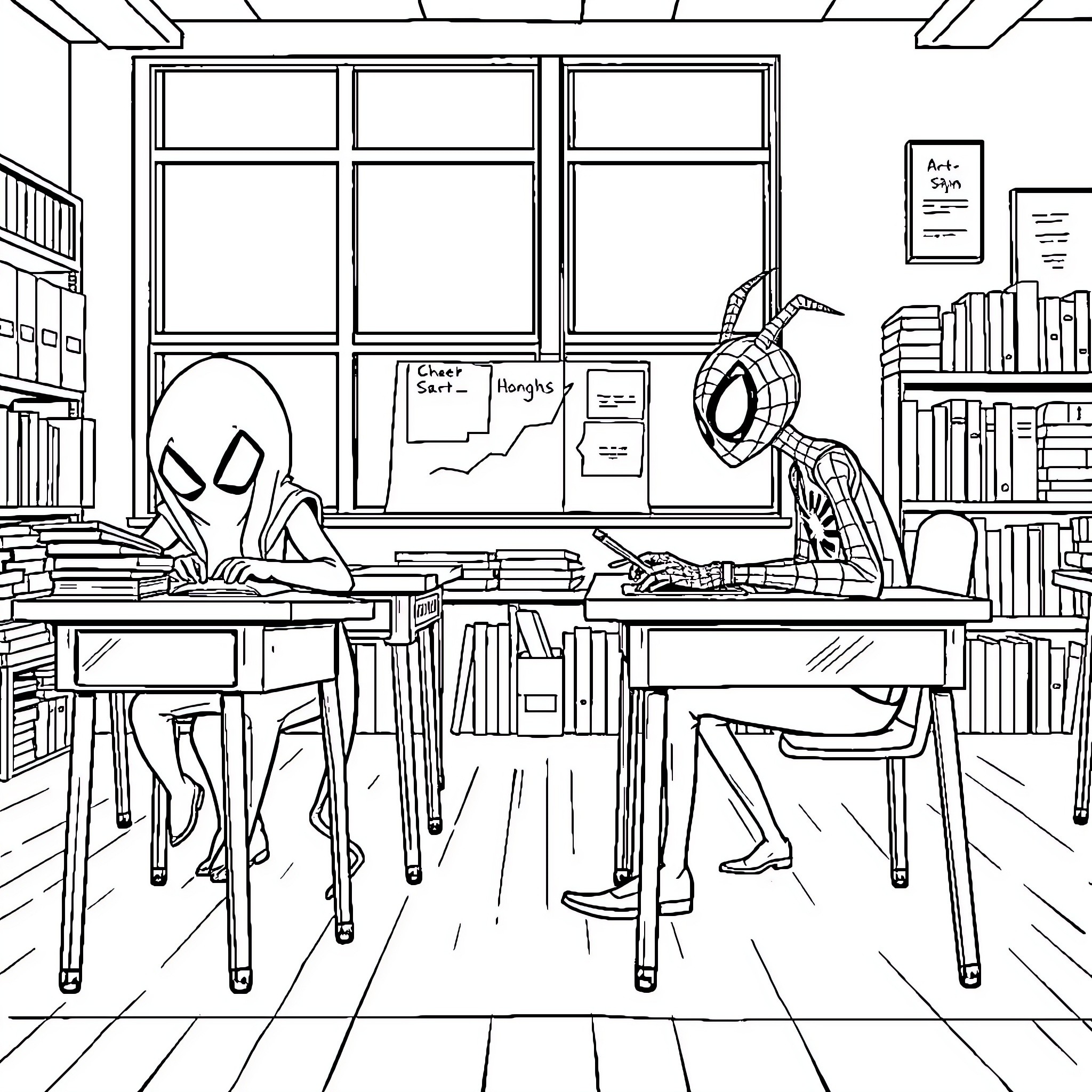 Ghost Spider studying diligently in library Coloring Page (free black-and-white line drawing printable PDF for all, from beginners to advanced learners, including children, teens, adults, and seniors)
