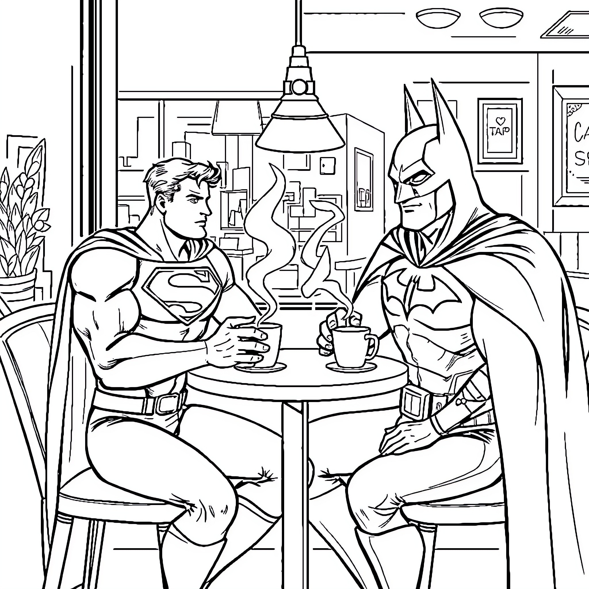 Superman and Batman sharing a friendly chat Coloring Page (free black-and-white line drawing printable PDF for all, from beginners to advanced learners, including children, teens, adults, and seniors)