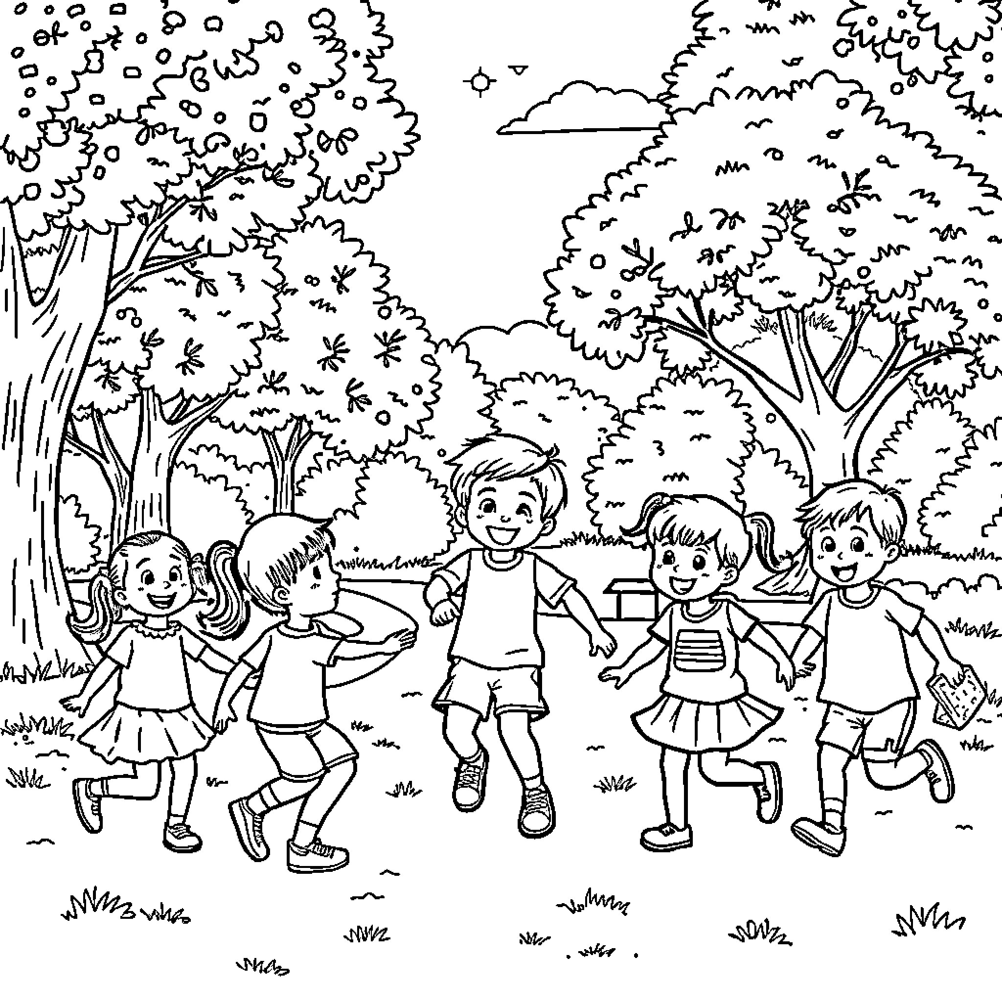 Children enjoying a fun outdoor adventure Coloring Page (free black-and-white line drawing printable PDF for all, from beginners to advanced learners, including children, teens, adults, and seniors)