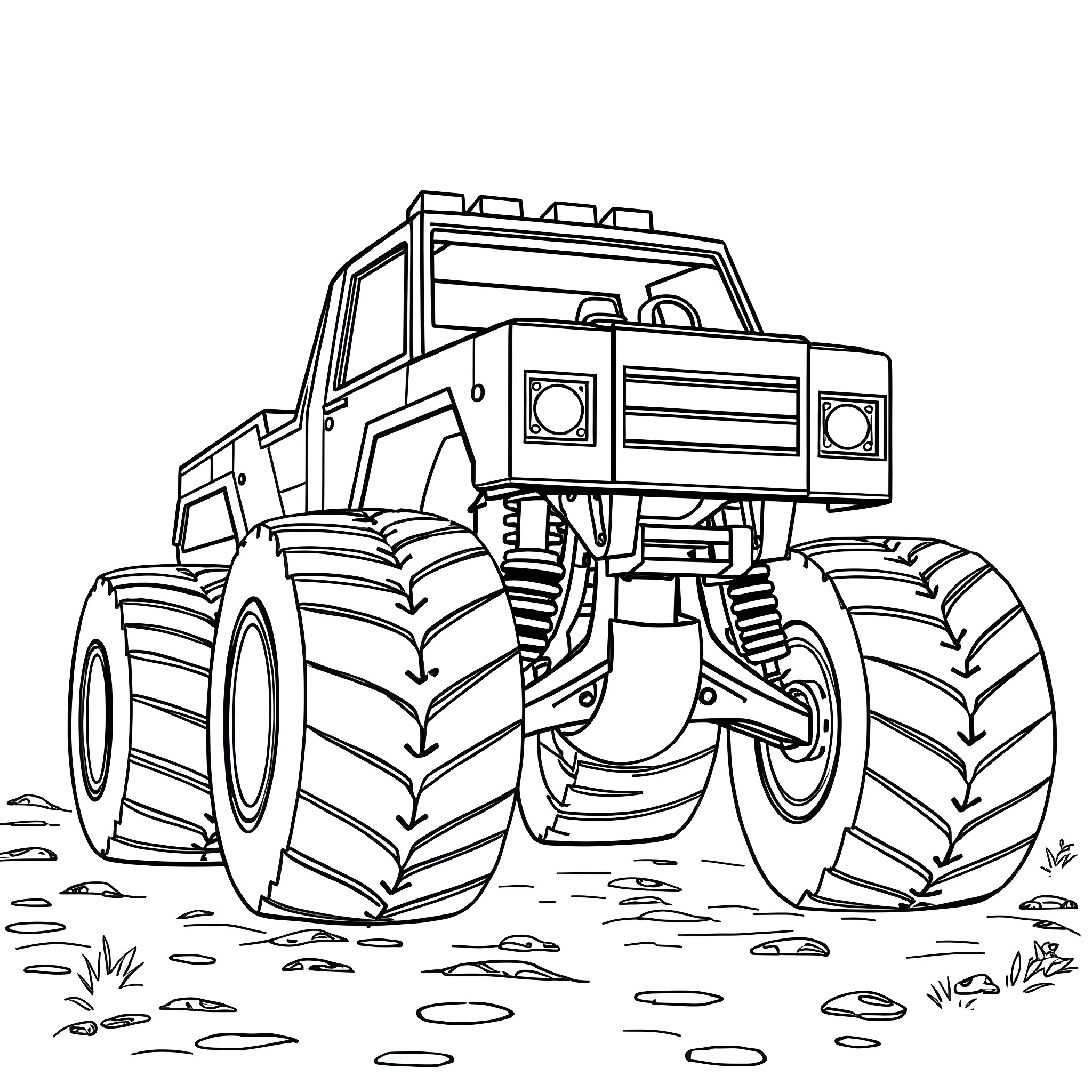 Monster Truck Racing Through Muddy Terrain Coloring Page (free black-and-white line drawing printable PDF for all, from beginners to advanced learners, including children, teens, adults, and seniors)