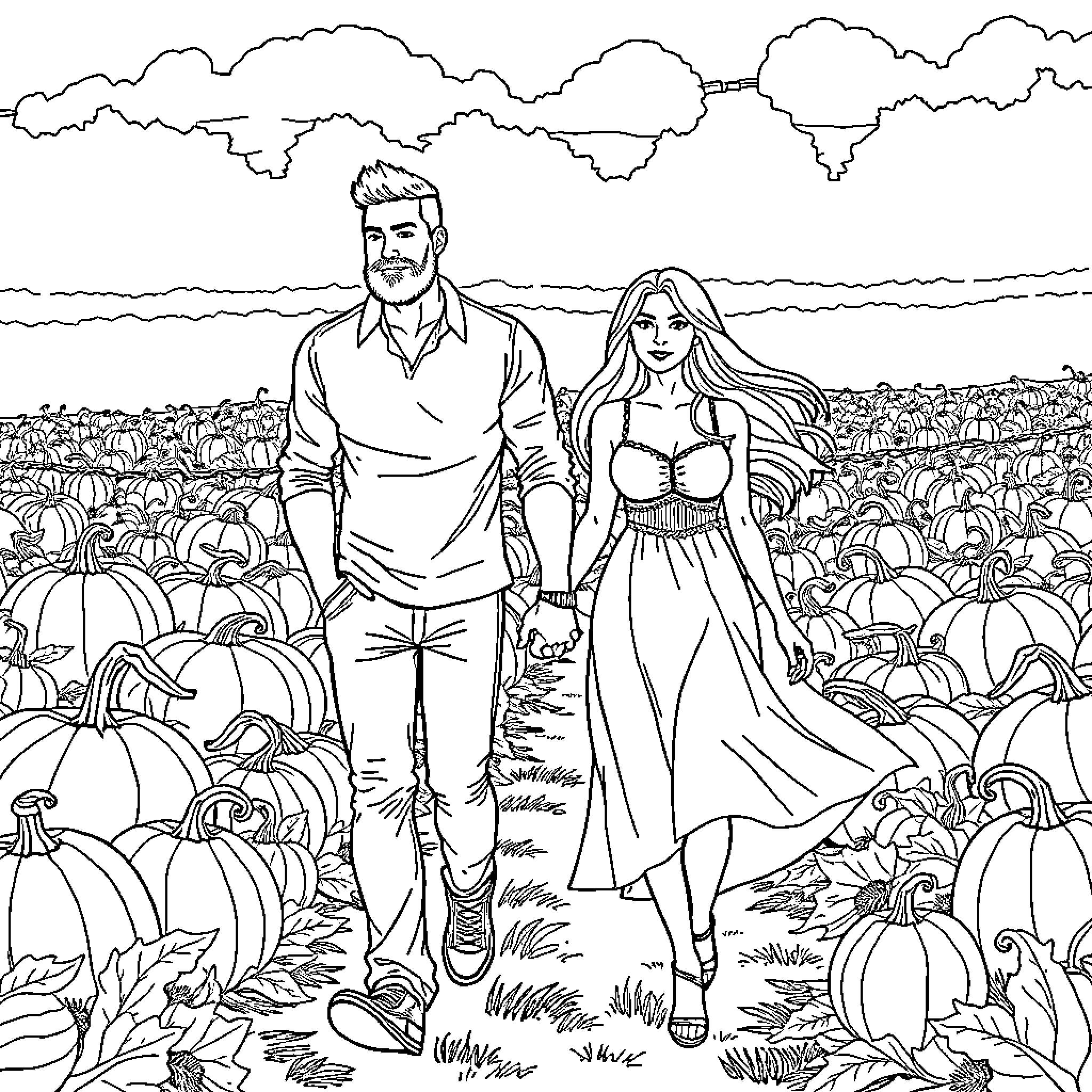 Man and Woman Walking Through Pumpkin Patch Coloring Page (free black-and-white line drawing printable PDF for all, from beginners to advanced learners, including children, teens, adults, and seniors)