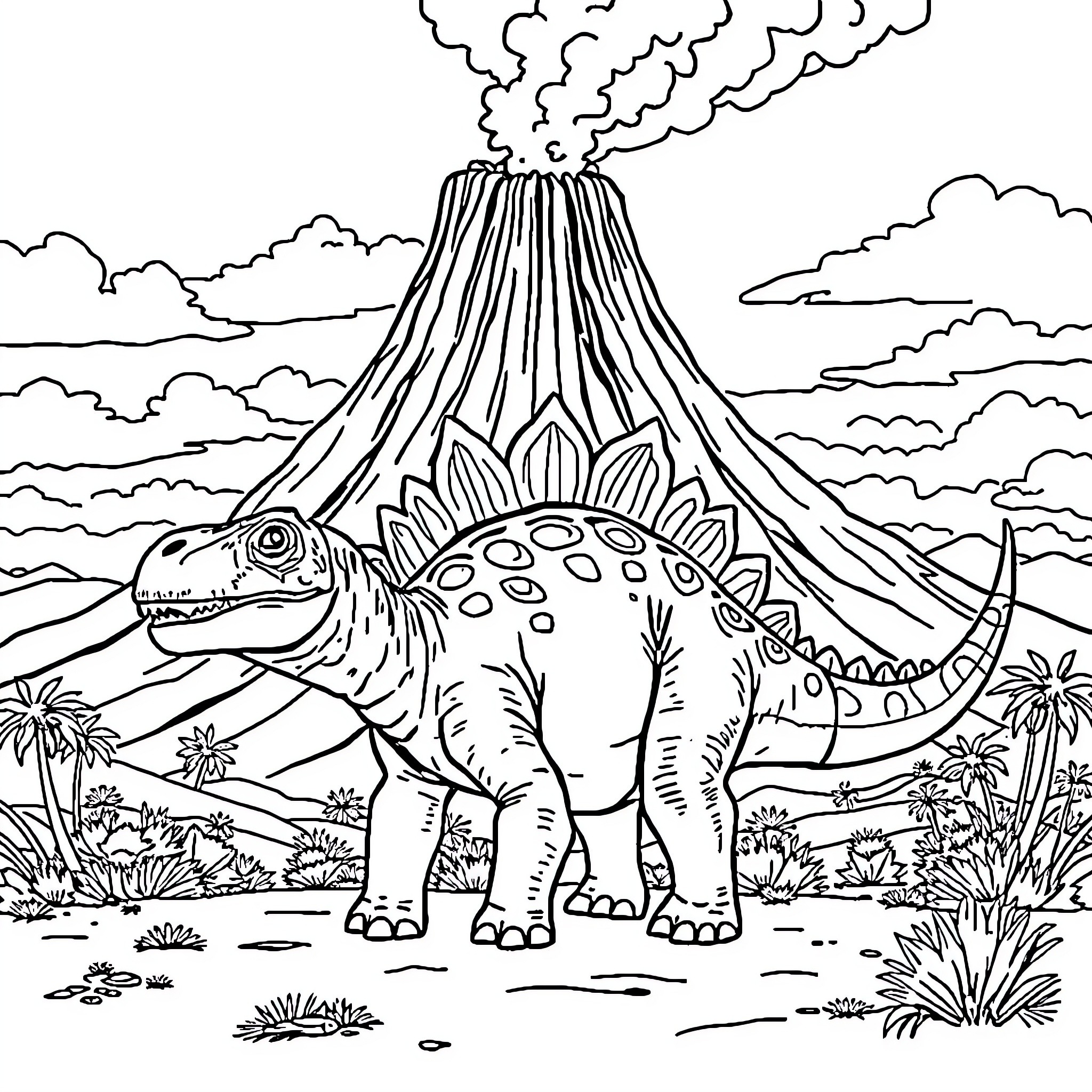 Ankylosaurus exploring a prehistoric landscape Coloring Page (free black-and-white line drawing printable PDF for all, from beginners to advanced learners, including children, teens, adults, and seniors)