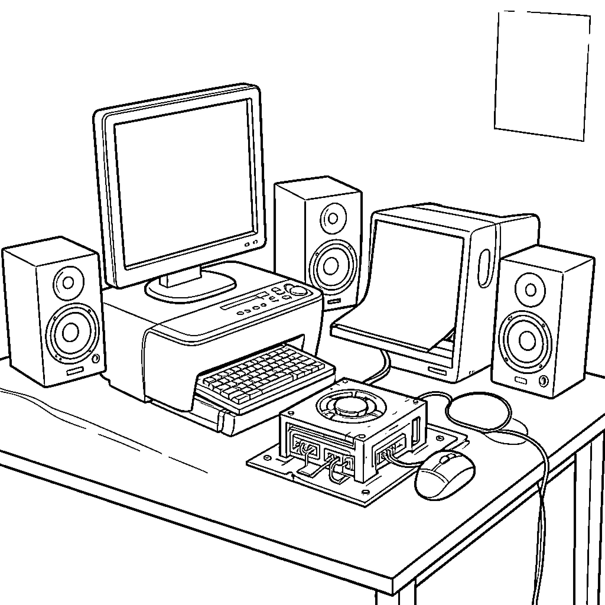 Computador set up on a desk with peripherals Coloring Page (free black-and-white line drawing printable PDF for all, from beginners to advanced learners, including children, teens, adults, and seniors)